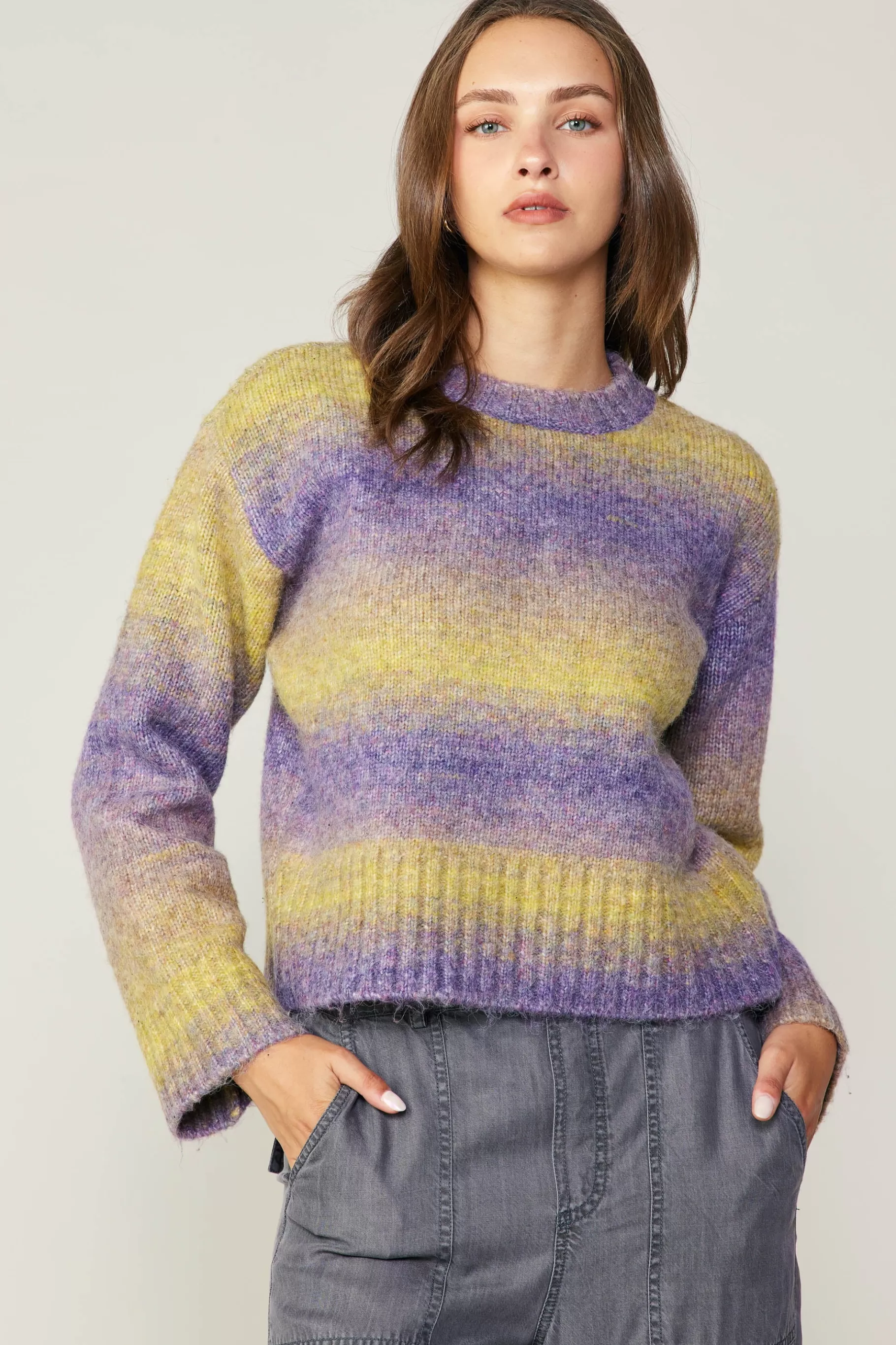 Current Air Sweaters>Gradient Sweater Top PURPLE-YELLOW