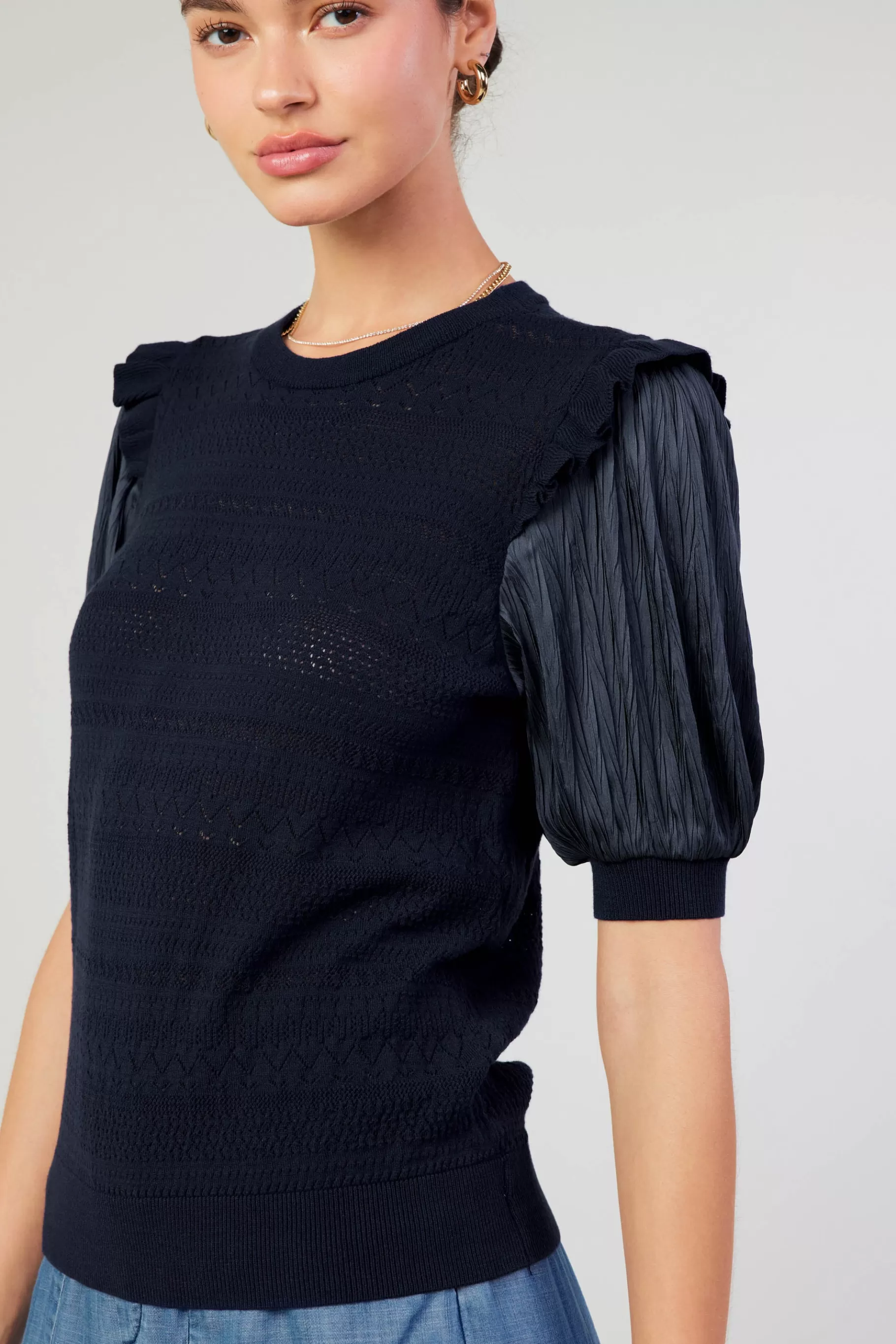 Current Air Knitwear | Short Sleeve Tops>Half Sleeve Contrast Top NAVY