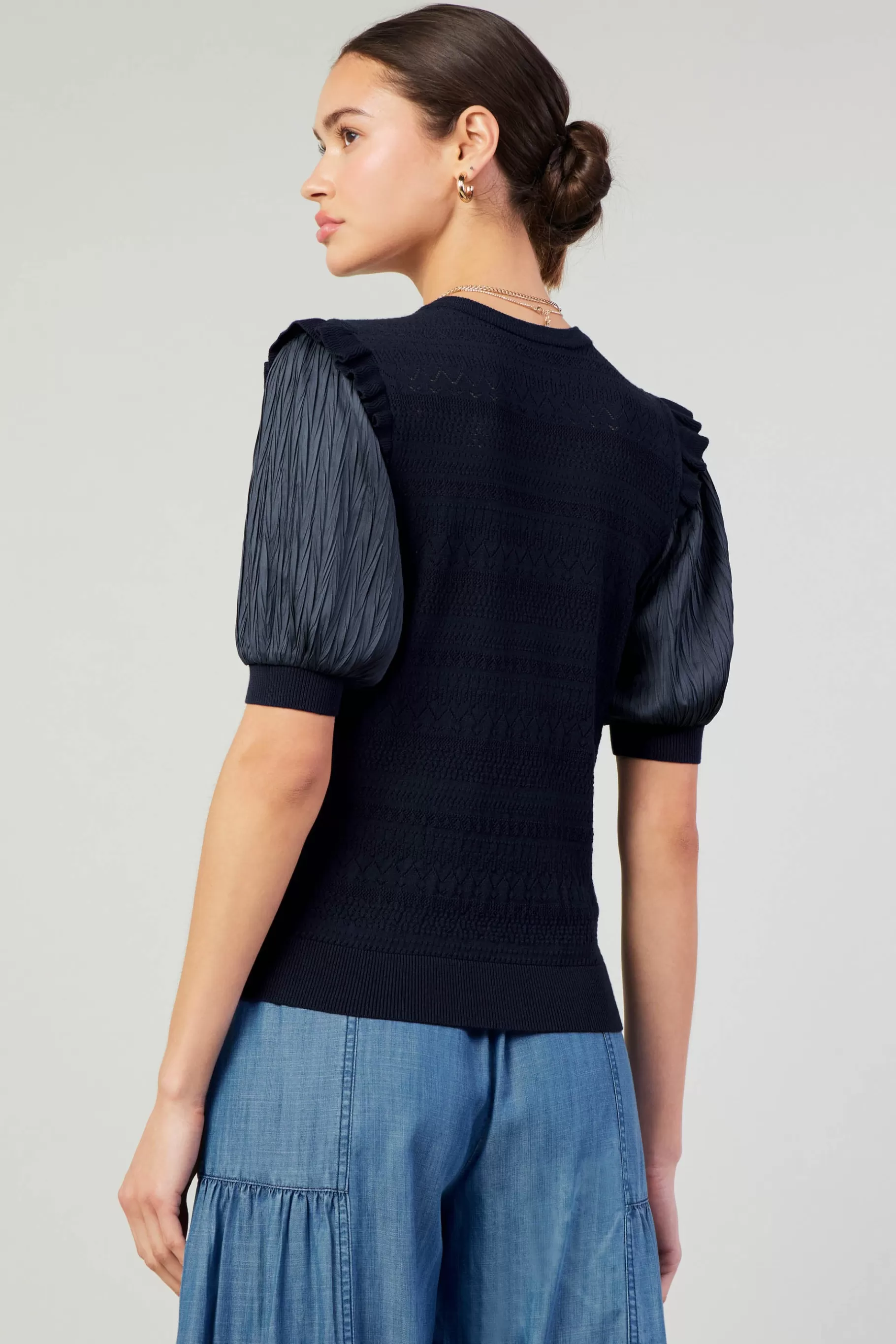 Current Air Knitwear | Short Sleeve Tops>Half Sleeve Contrast Top NAVY