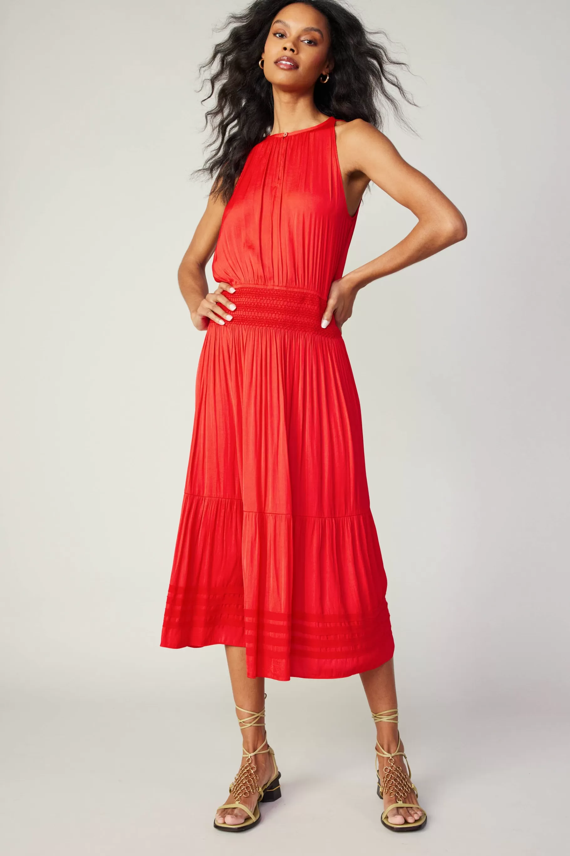 Current Air Midi Dresses>Halter Smocked Midi Dress RED