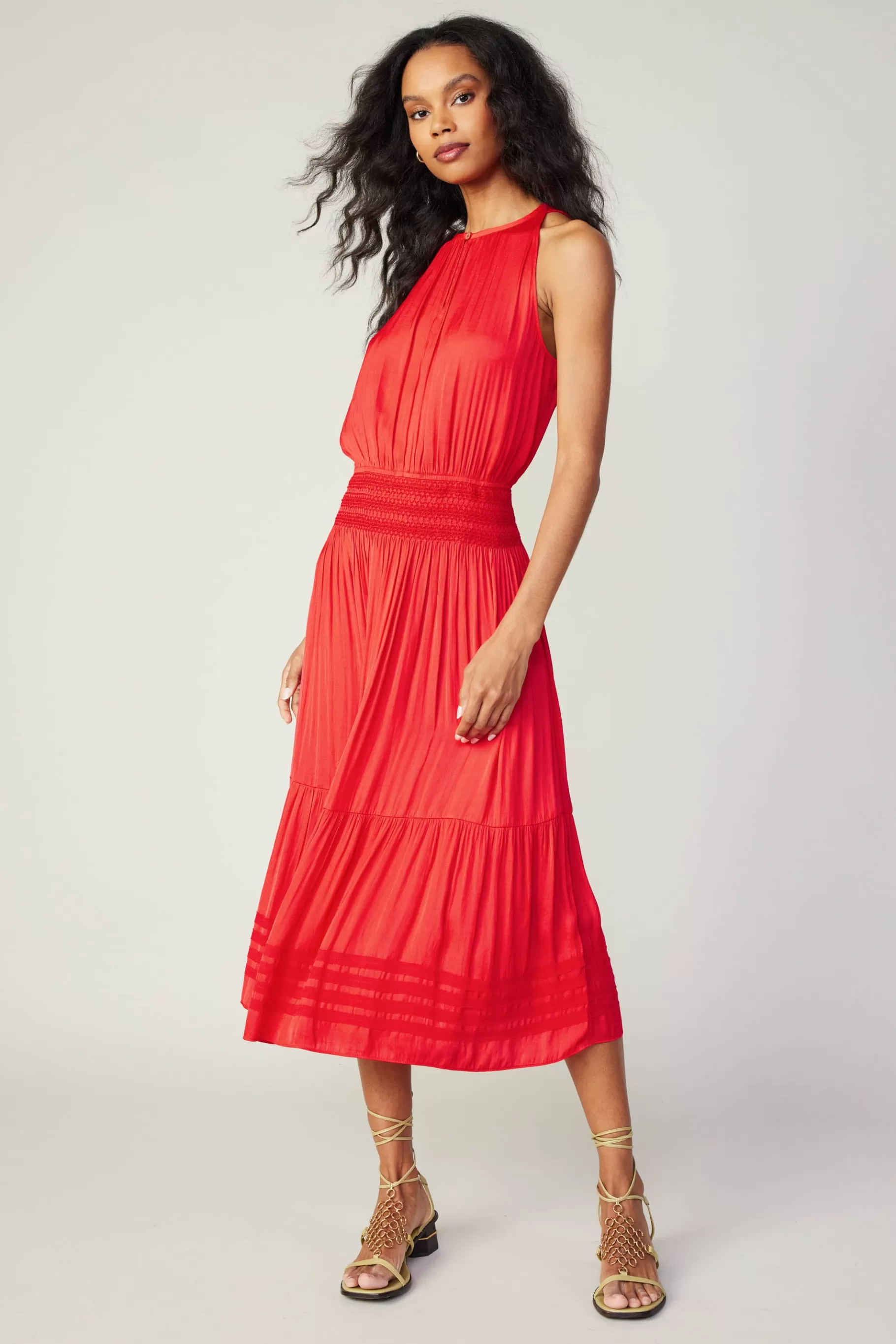 Current Air Midi Dresses>Halter Smocked Midi Dress RED
