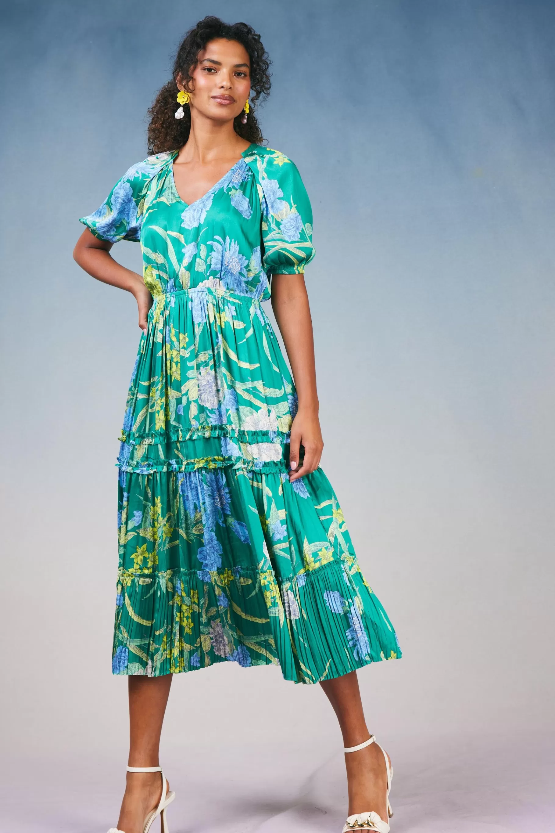 Current Air Midi Dresses>Hana Botanical Midi Dress GREENFLORAL