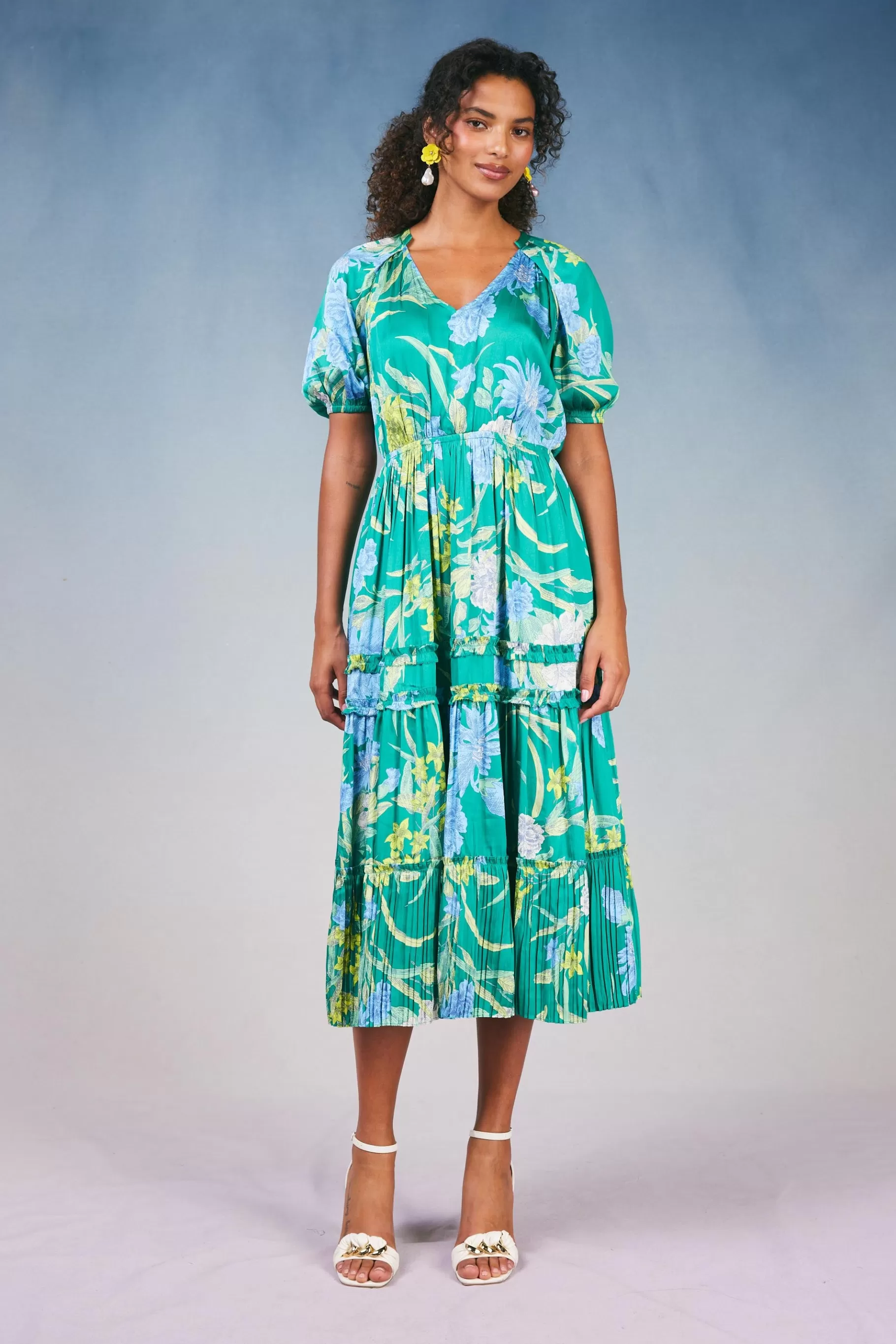 Current Air Midi Dresses>Hana Botanical Midi Dress GREENFLORAL