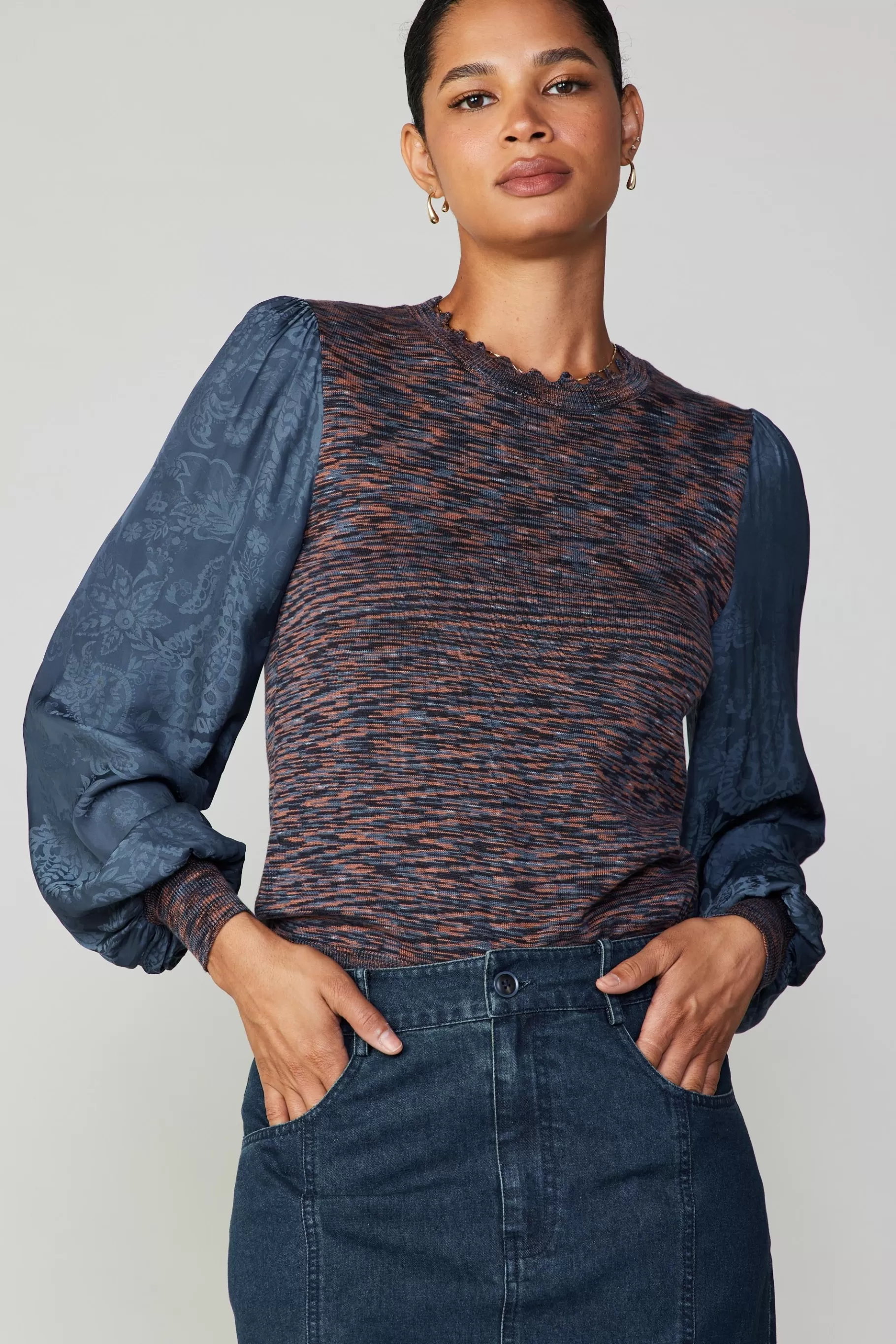 Current Air Long Sleeve Tops | Sweaters>Heather Contrast Sweater Top NAVY
