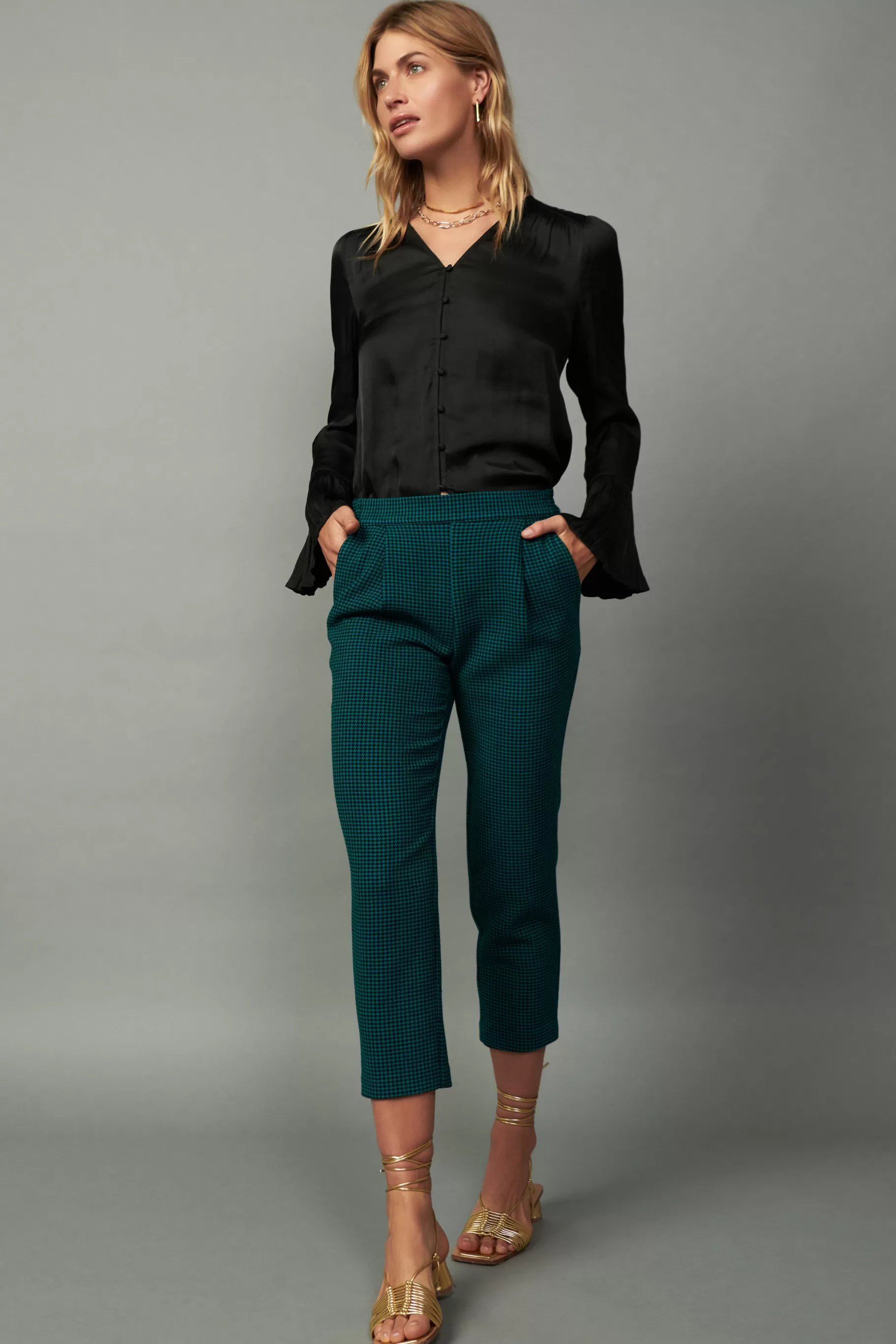 Current Air Pants>Houndstooth Patterned Straight Pants DARKTEAL