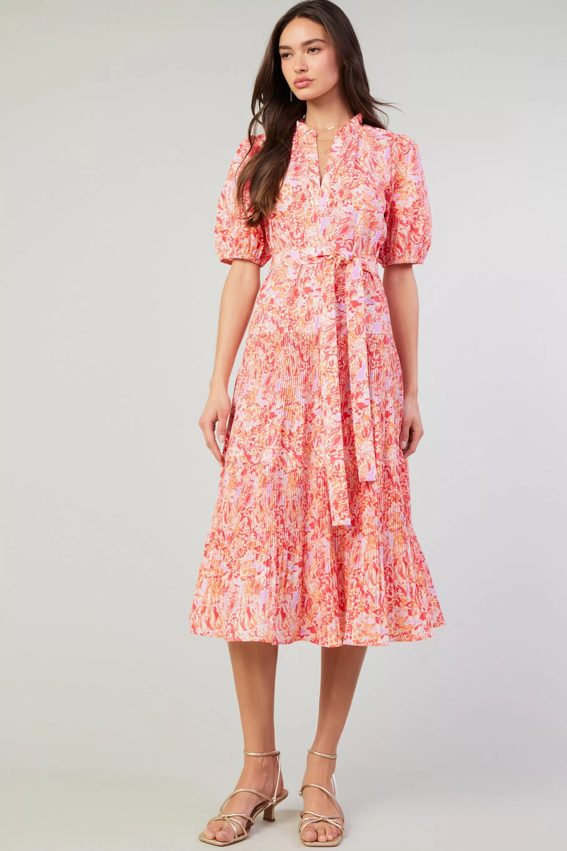 Current Air Midi Dresses>Ilana Pleated Midi Dress REDMLT