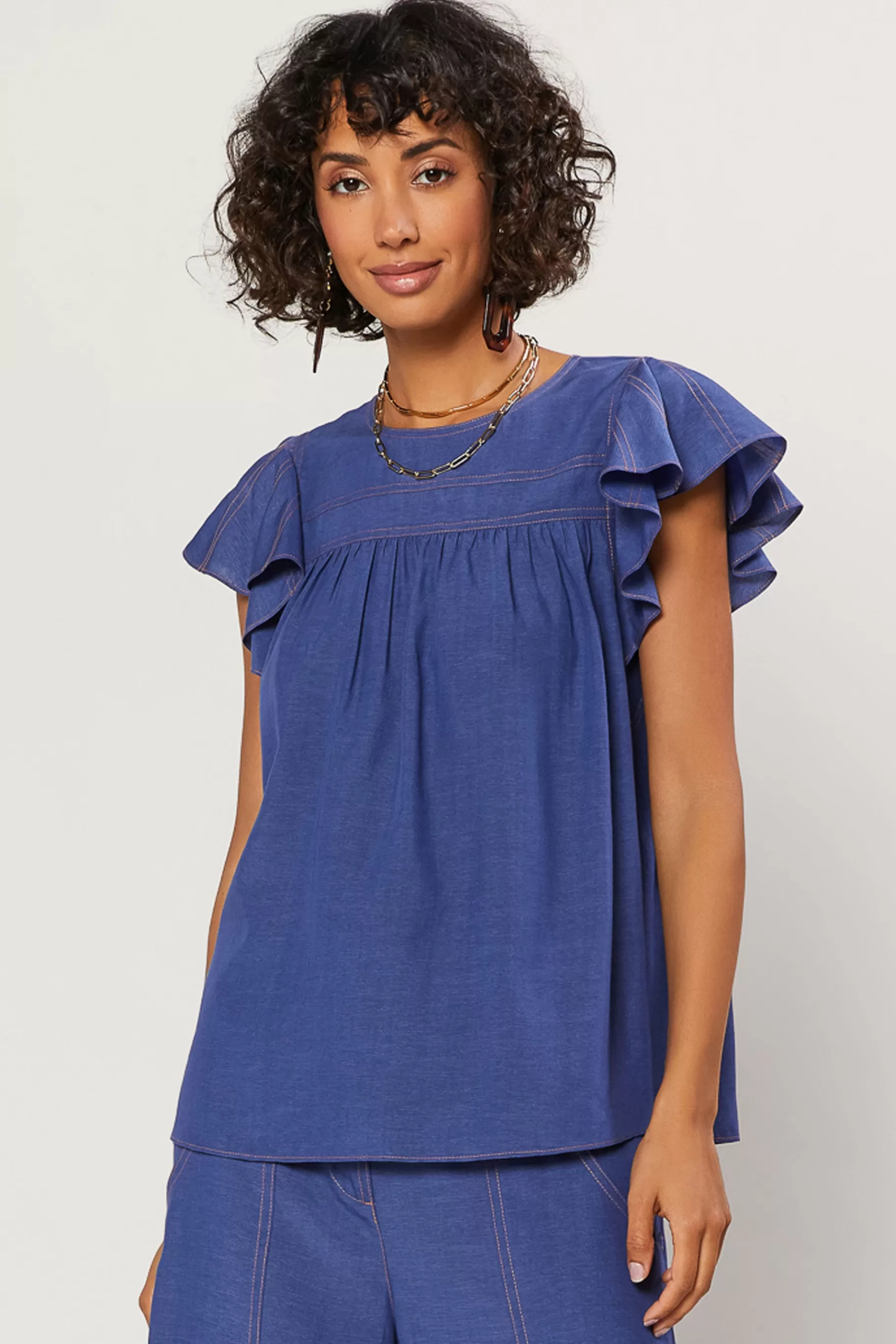 Current Air Short Sleeve Tops>Indigo Ruffled Sleeve Top DENIMBLUE