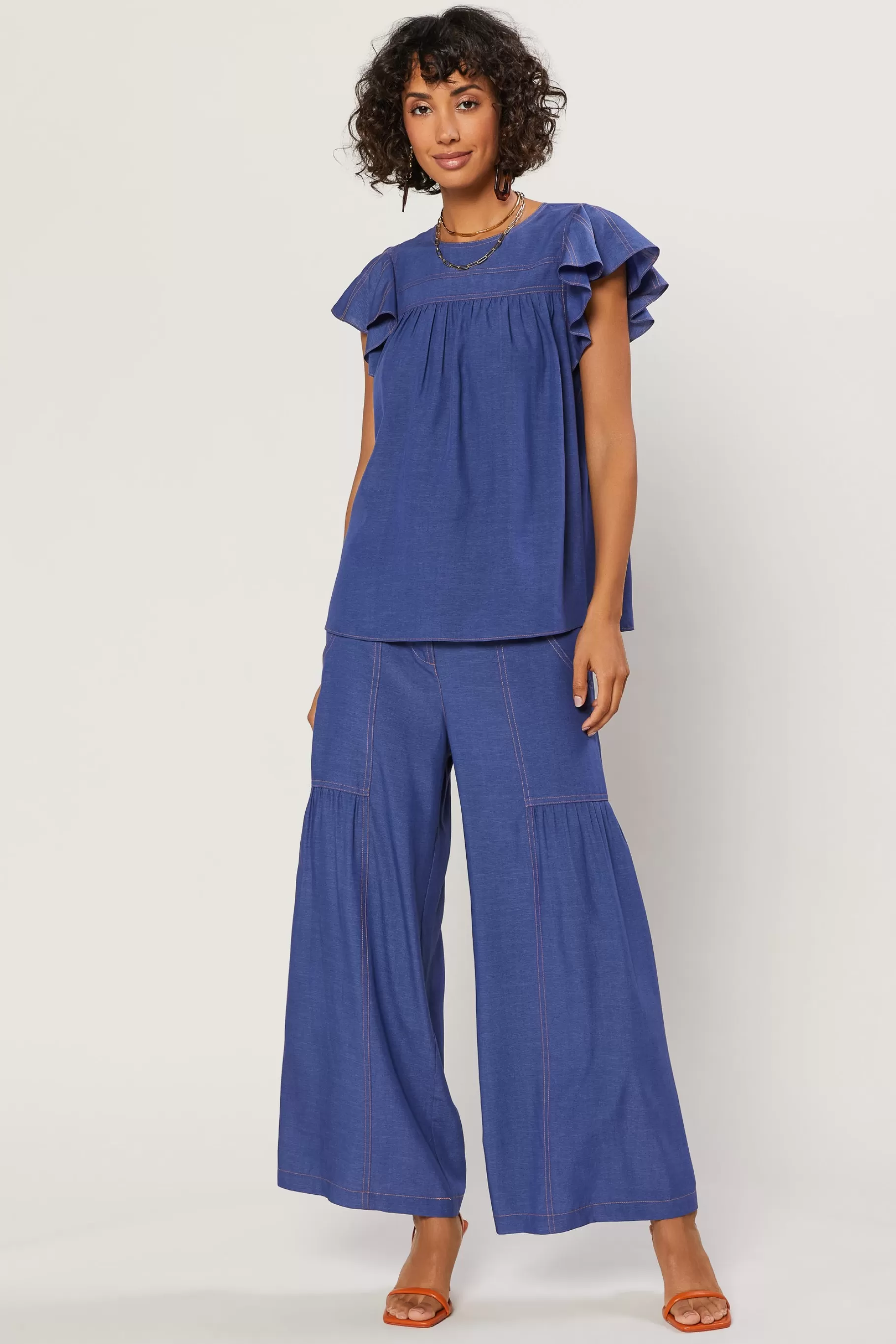 Current Air Short Sleeve Tops>Indigo Ruffled Sleeve Top DENIMBLUE