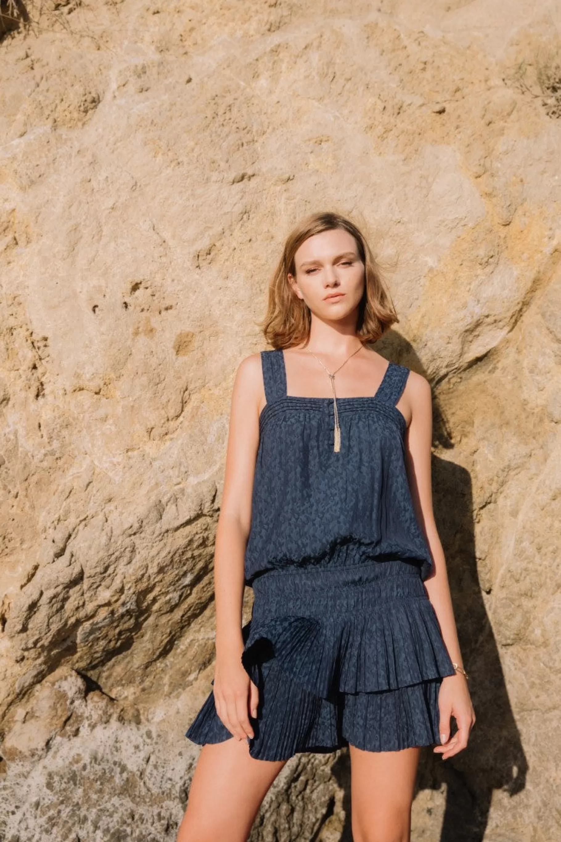 Current Air Mini Dresses>Jacquard Pintuck Mini Dress MIDNIGHTNAVY