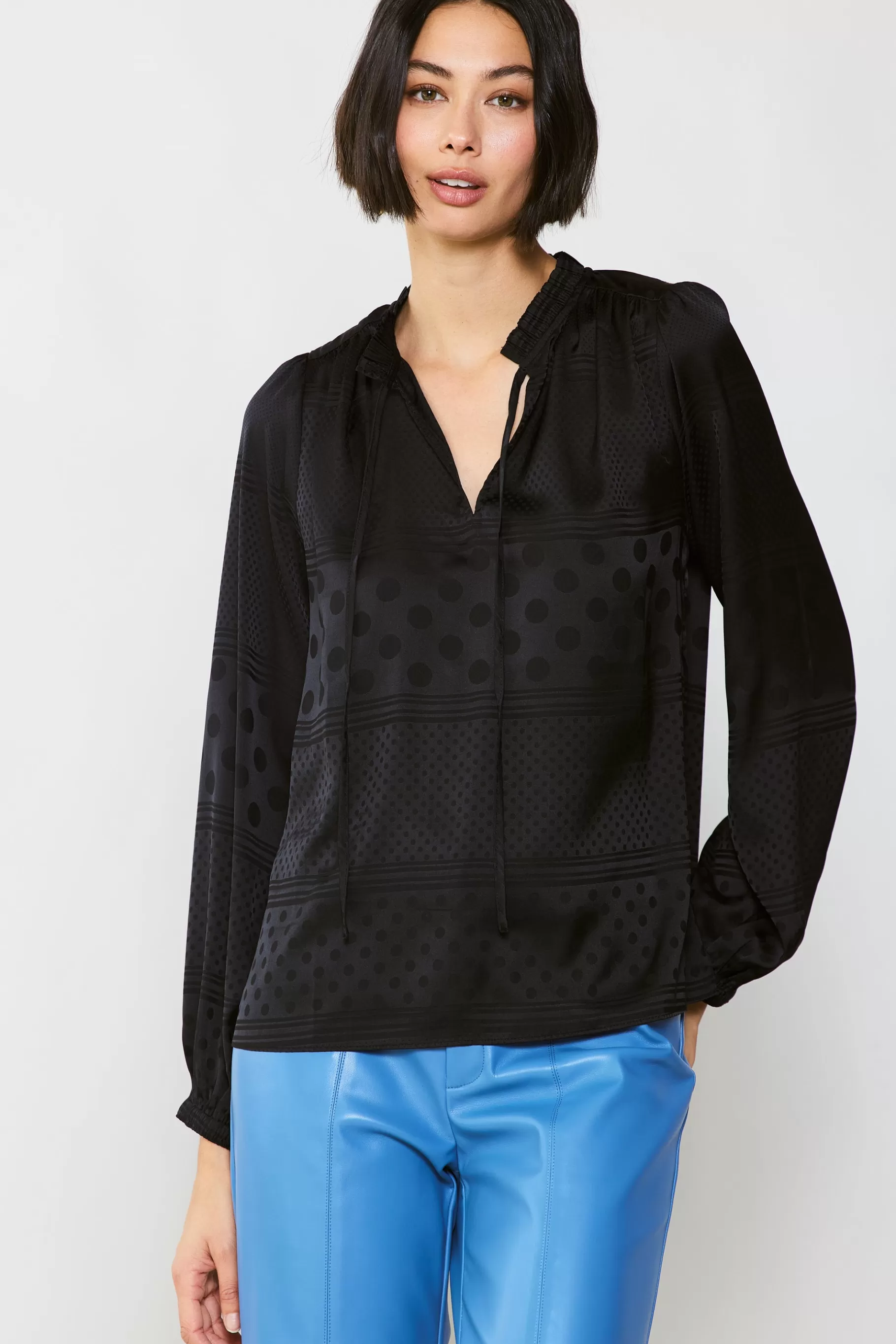 Current Air Long Sleeve Tops>Jacquard Split Neck Blouse BLACK