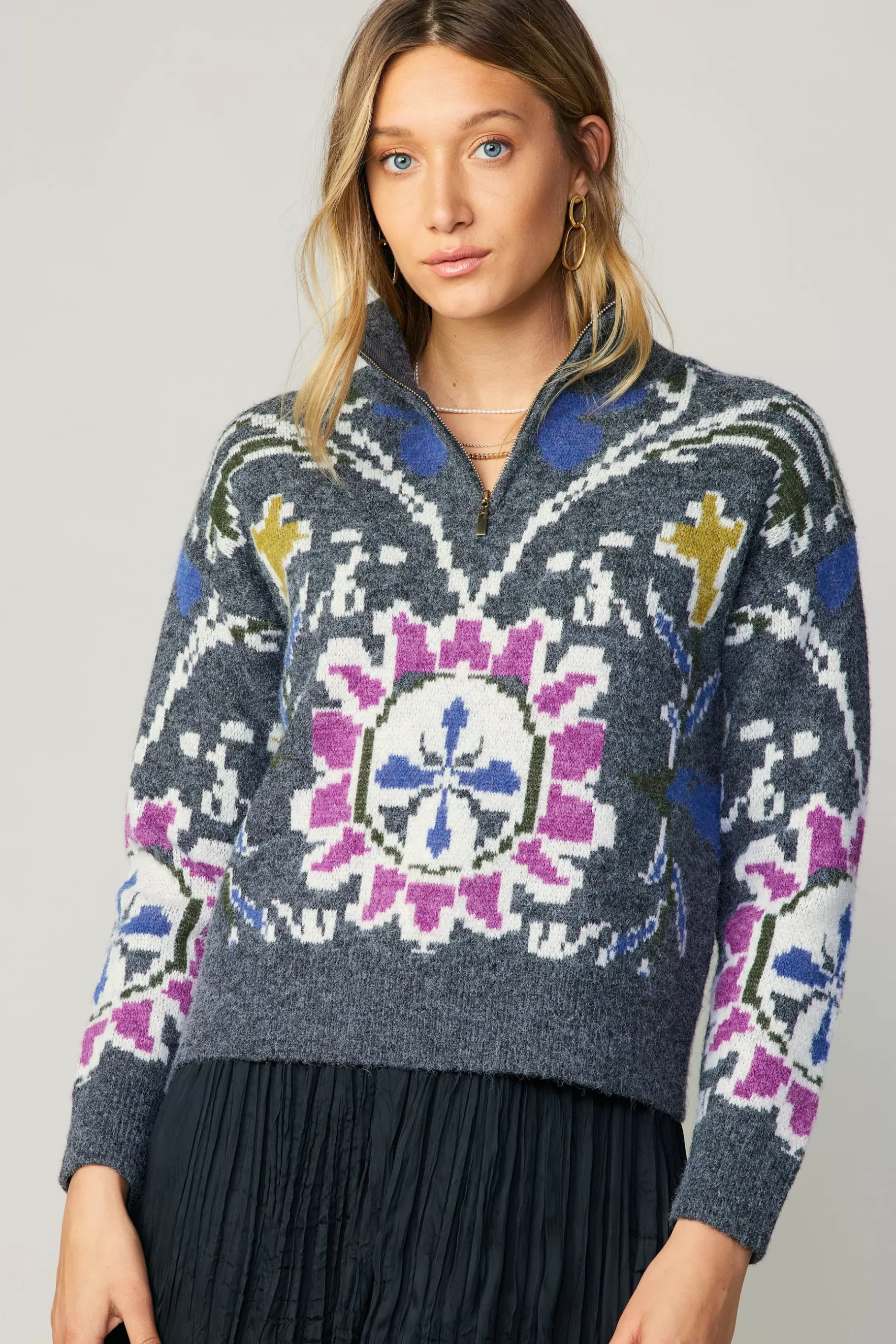 Current Air Sweaters>Jacquard Zip Sweater MULTI