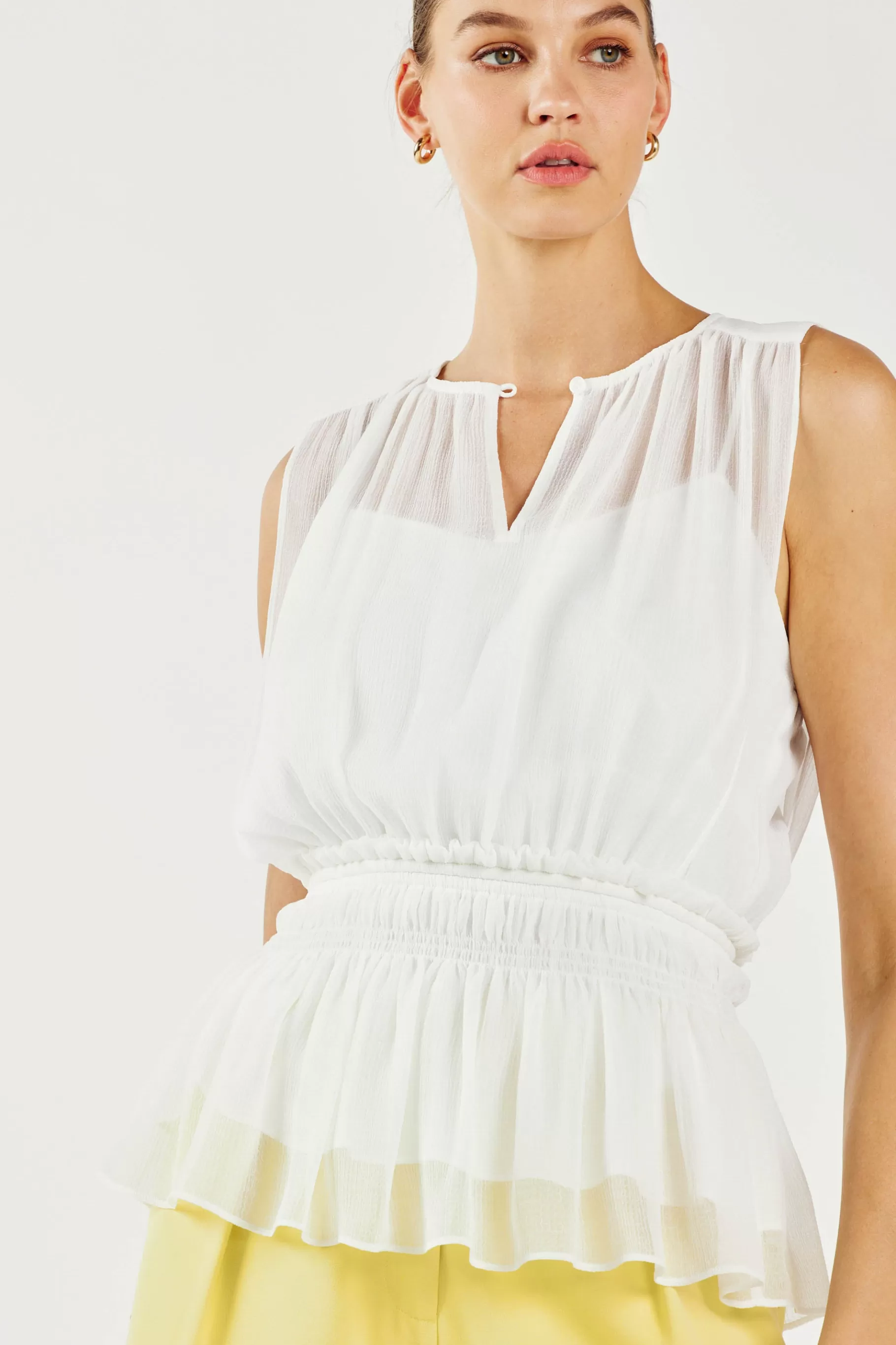 Current Air Sleeveless Tops>Keyhole Organza Top WHITE