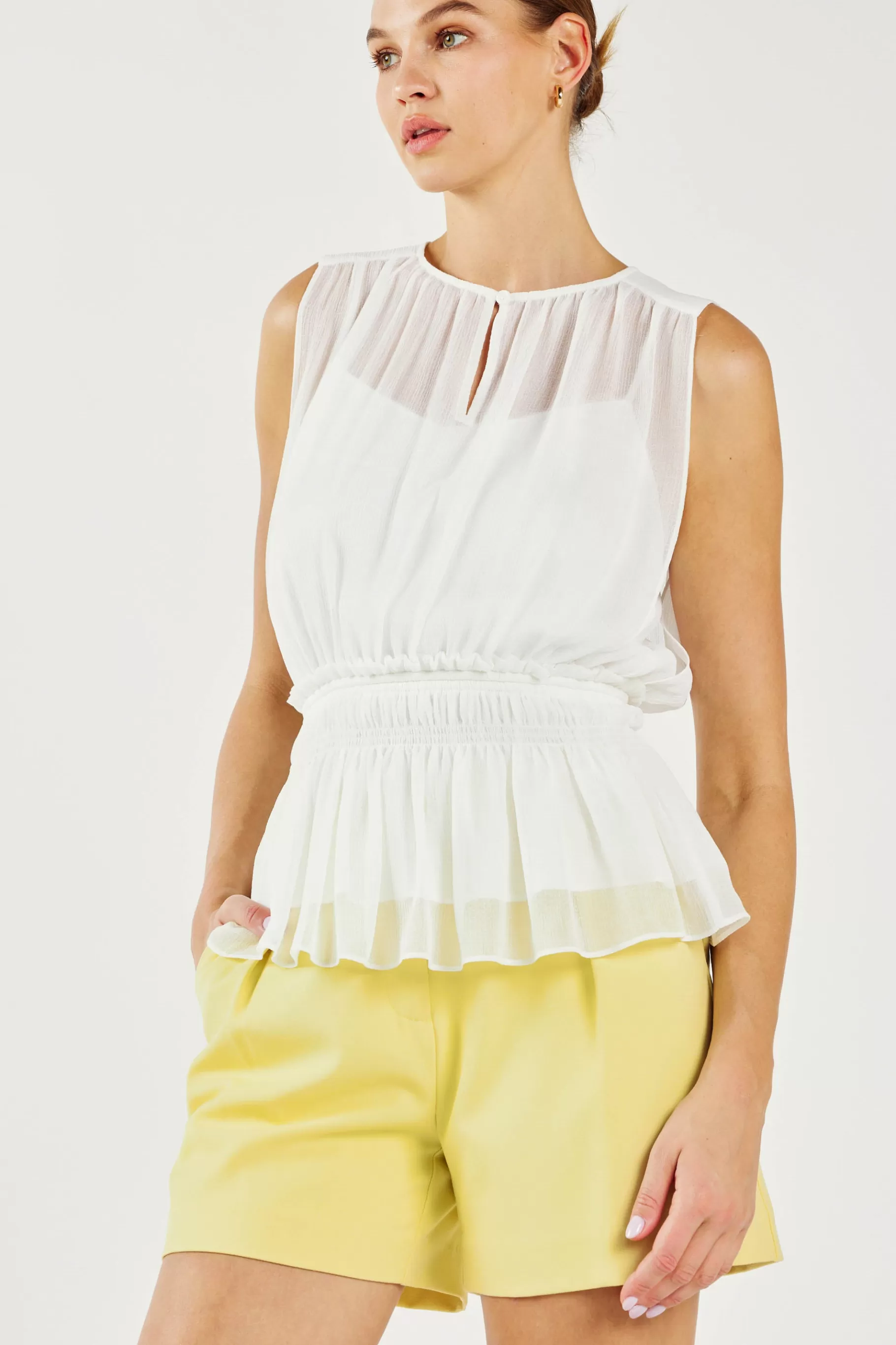 Current Air Sleeveless Tops>Keyhole Organza Top WHITE