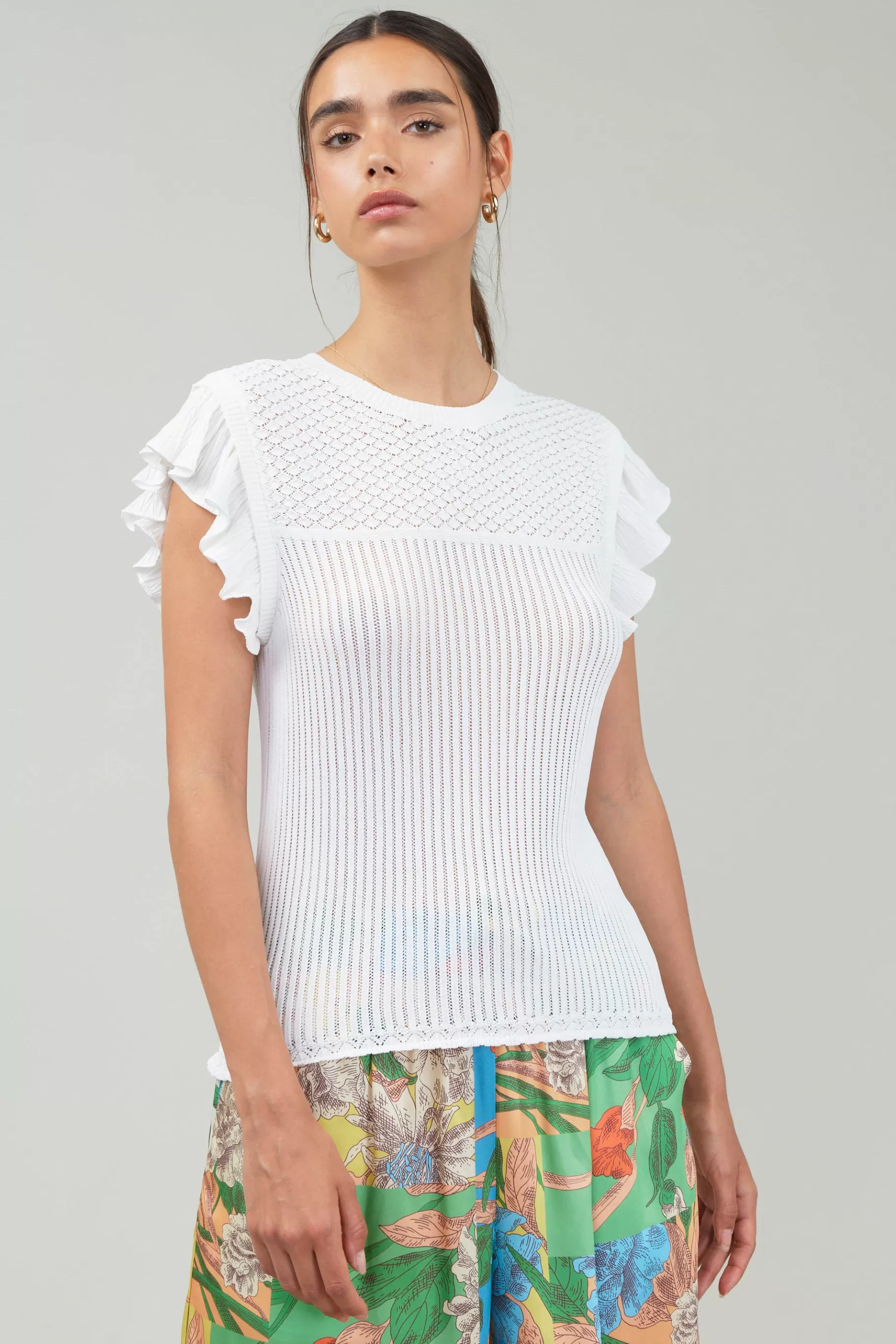 Current Air Knitwear>Knit Crewneck Ruffled Tank WHITE