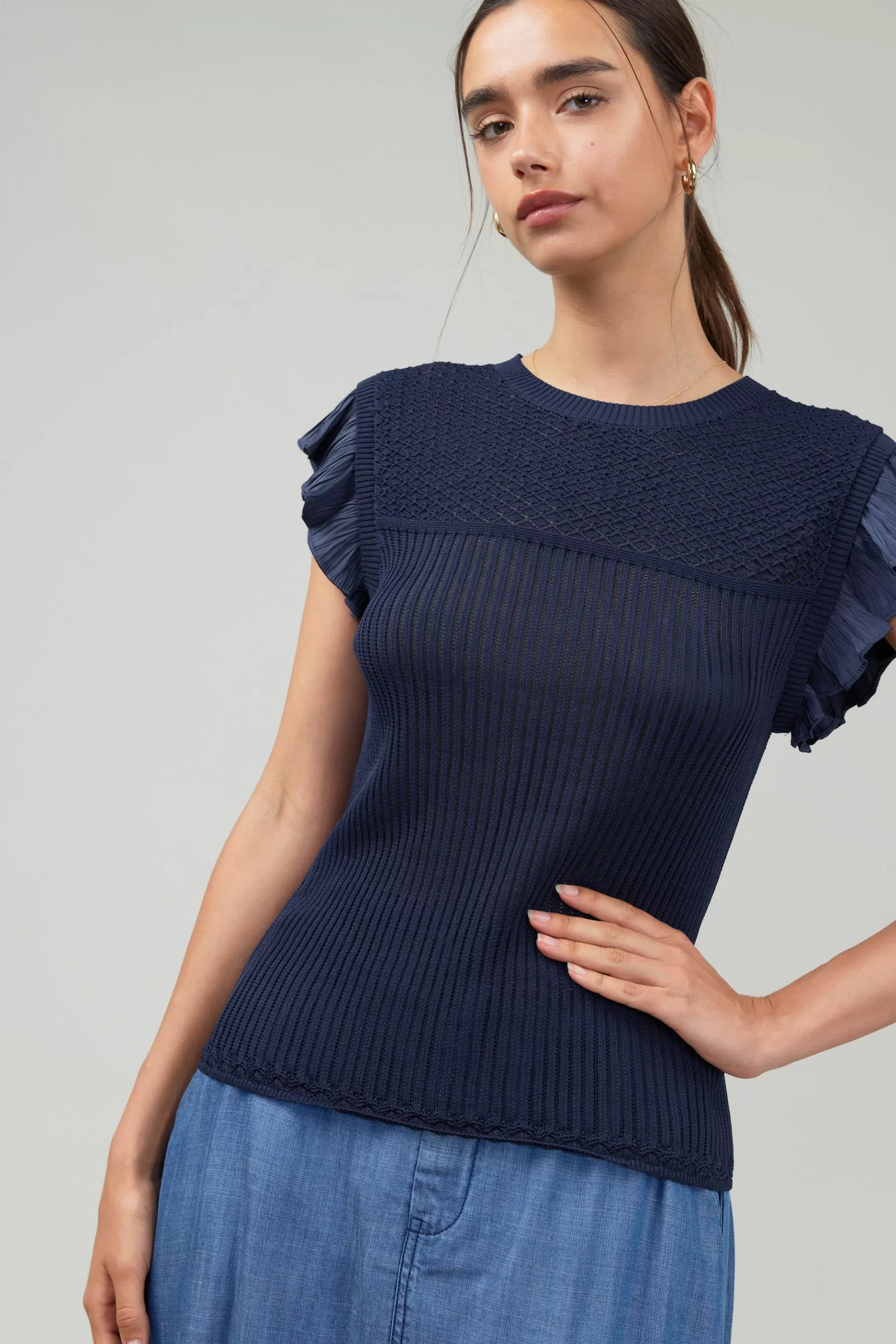 Current Air Knitwear>Knit Crewneck Ruffled Tank NAVY