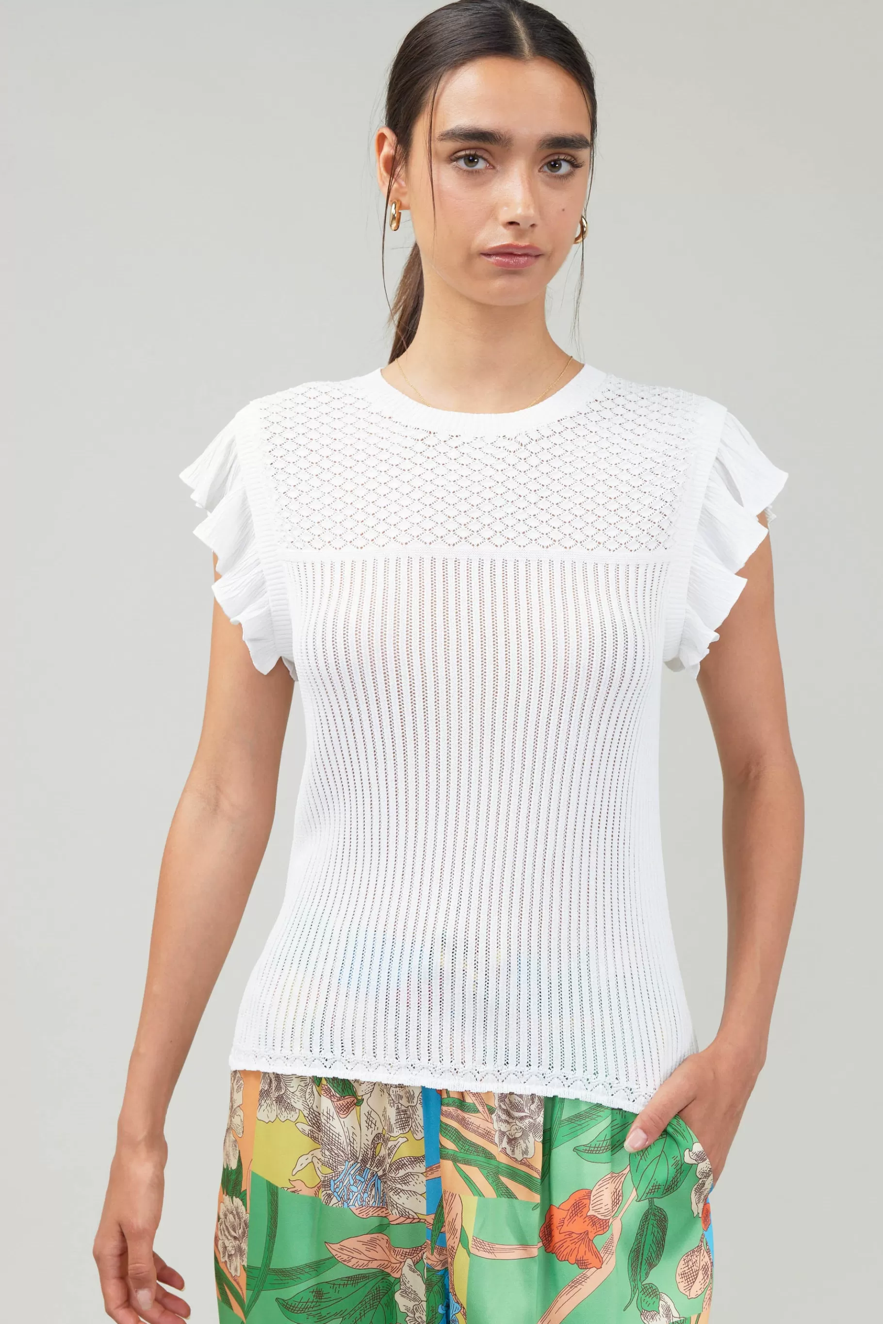 Current Air Knitwear>Knit Crewneck Ruffled Tank WHITE