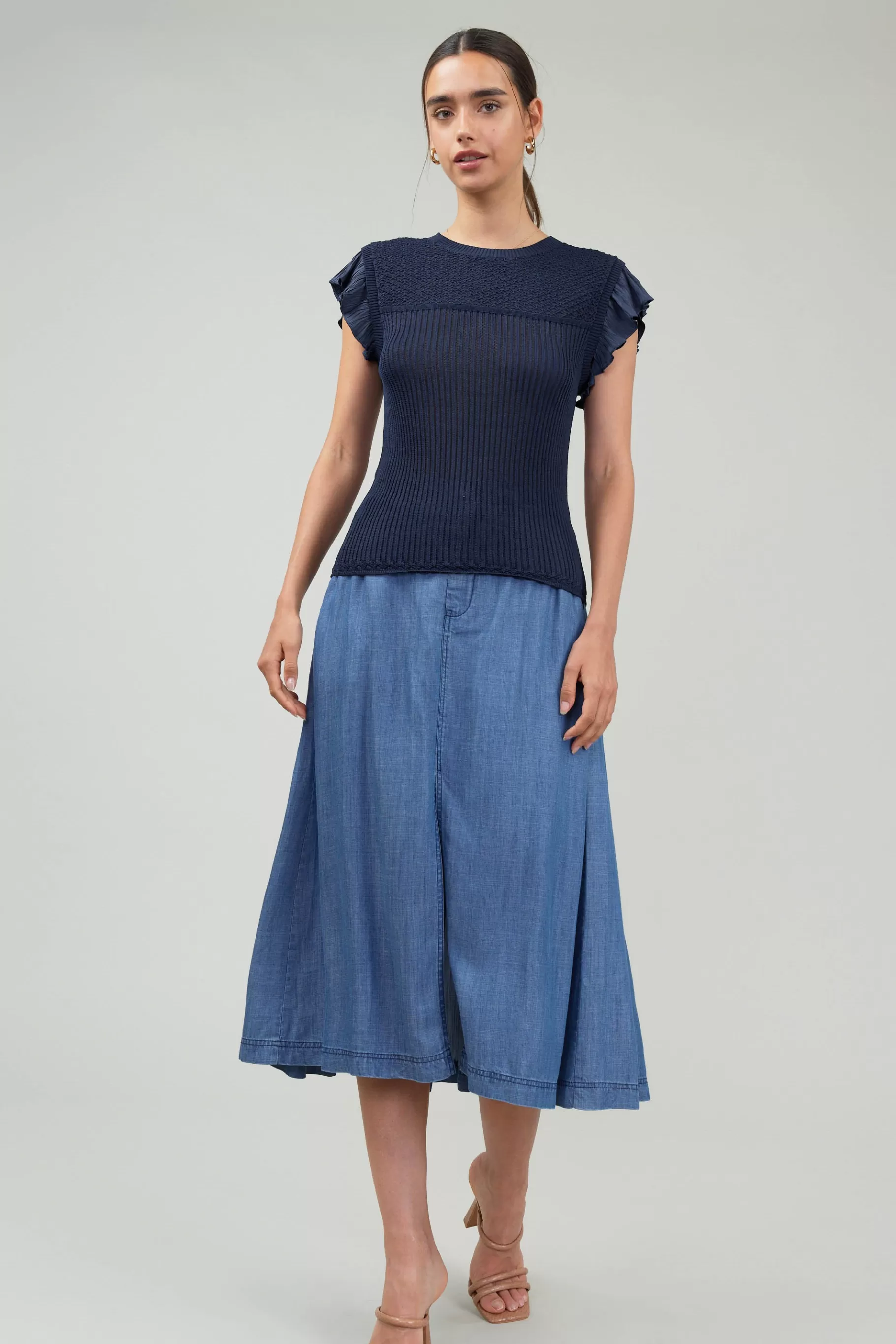 Current Air Knitwear>Knit Crewneck Ruffled Tank NAVY