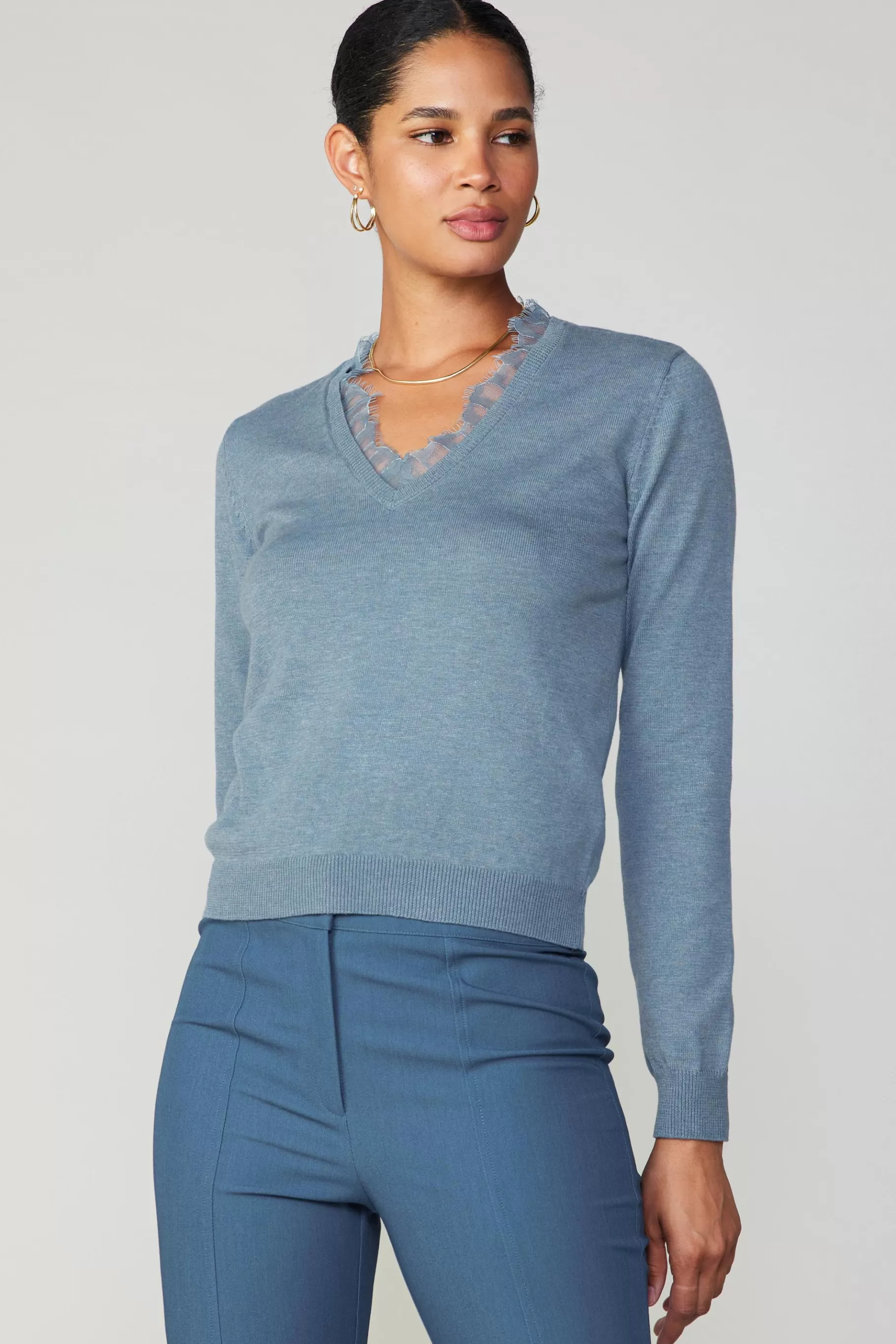 Current Air Long Sleeve Tops | Sweaters>Lace Collar Sweater Top DUSTYBLUE