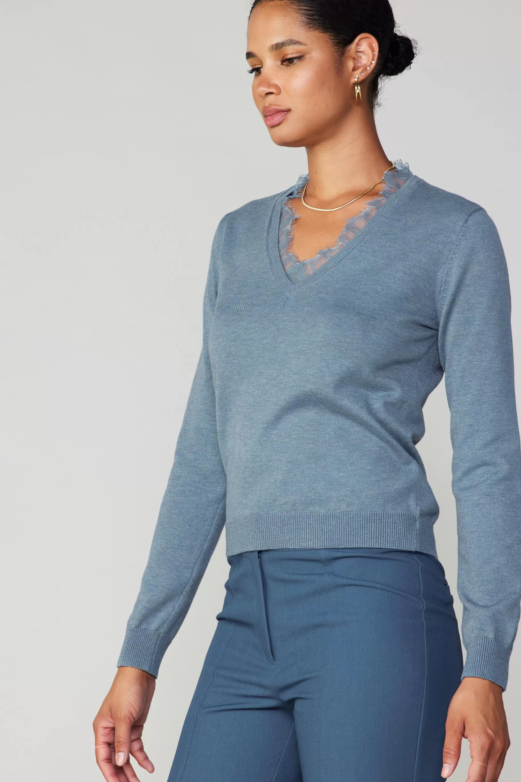 Current Air Long Sleeve Tops | Sweaters>Lace Collar Sweater Top DUSTYBLUE