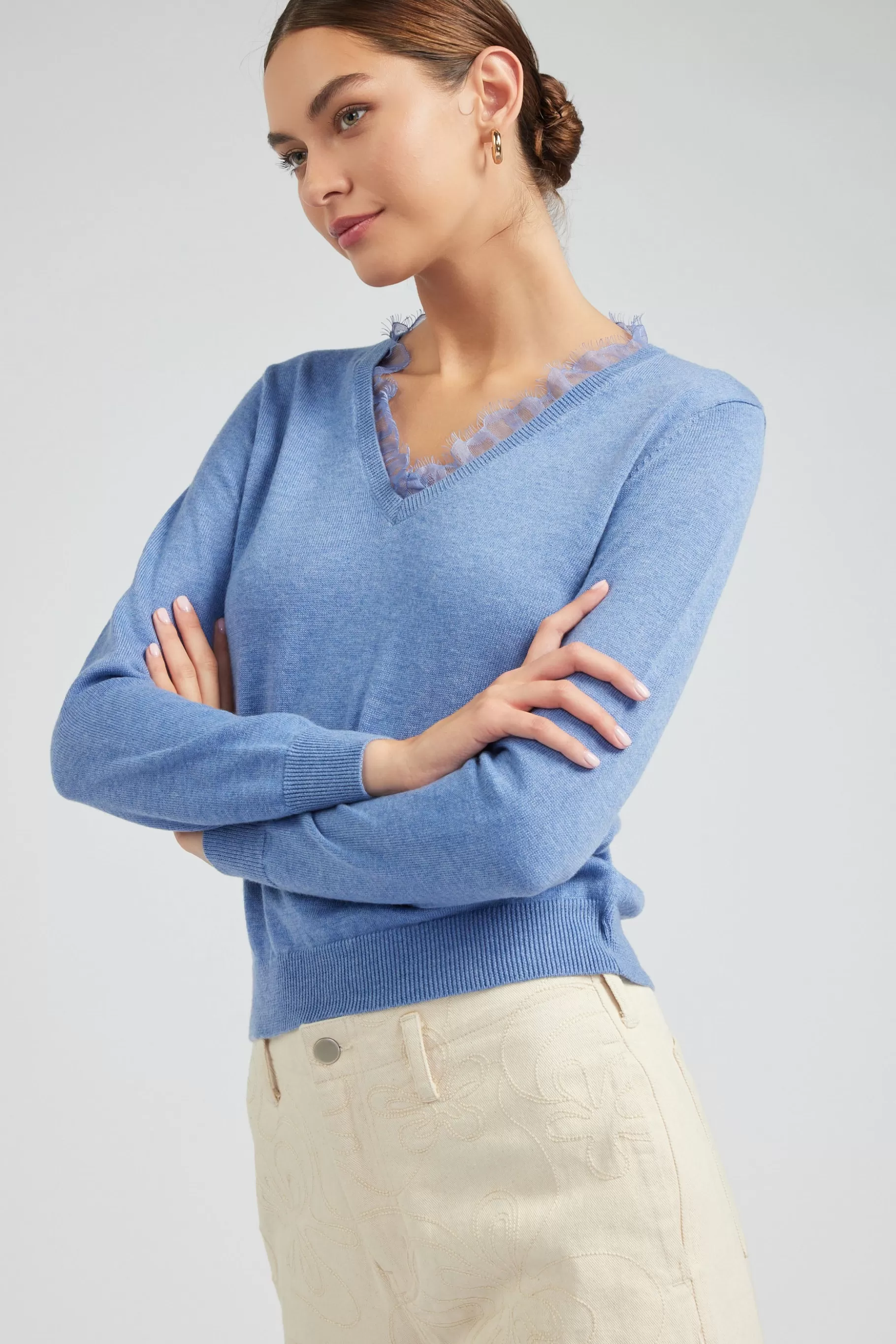Current Air Knitwear | Sweaters>Lace Detail Sweater Top SOFTBLUE