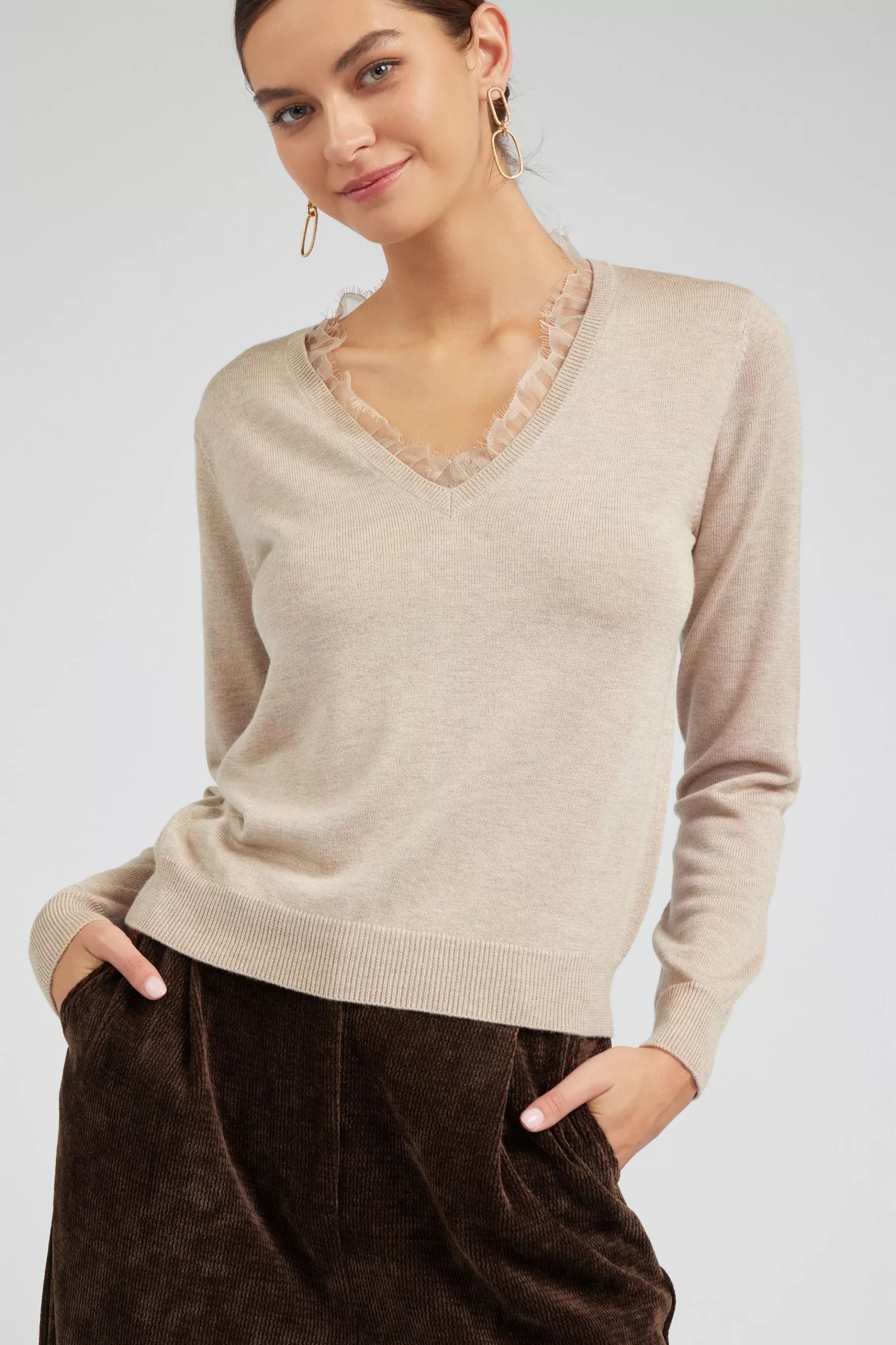 Current Air Knitwear | Sweaters>Lace Detail Sweater Top OATMEAL