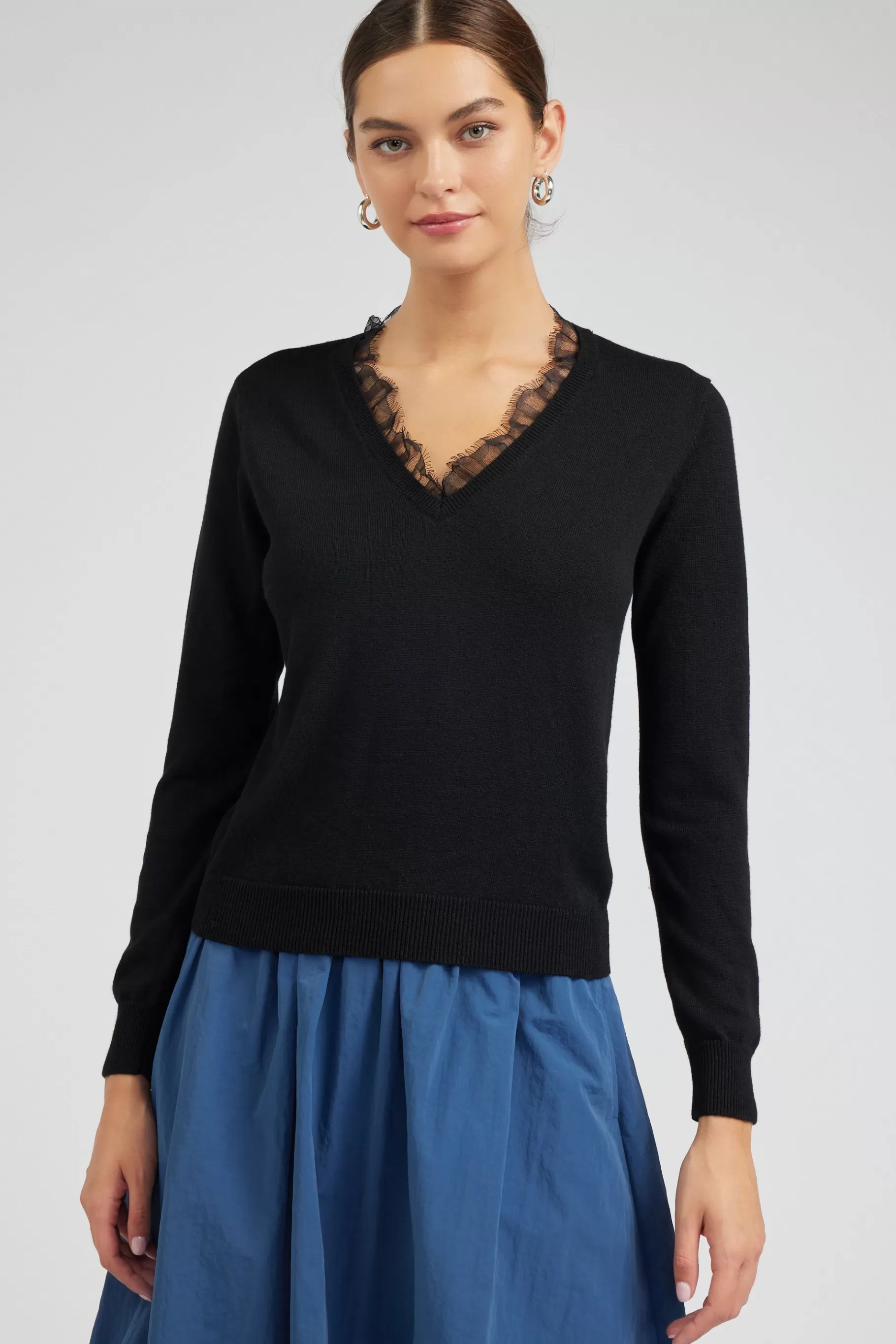 Current Air Knitwear | Sweaters>Lace Detail Sweater Top BLACK