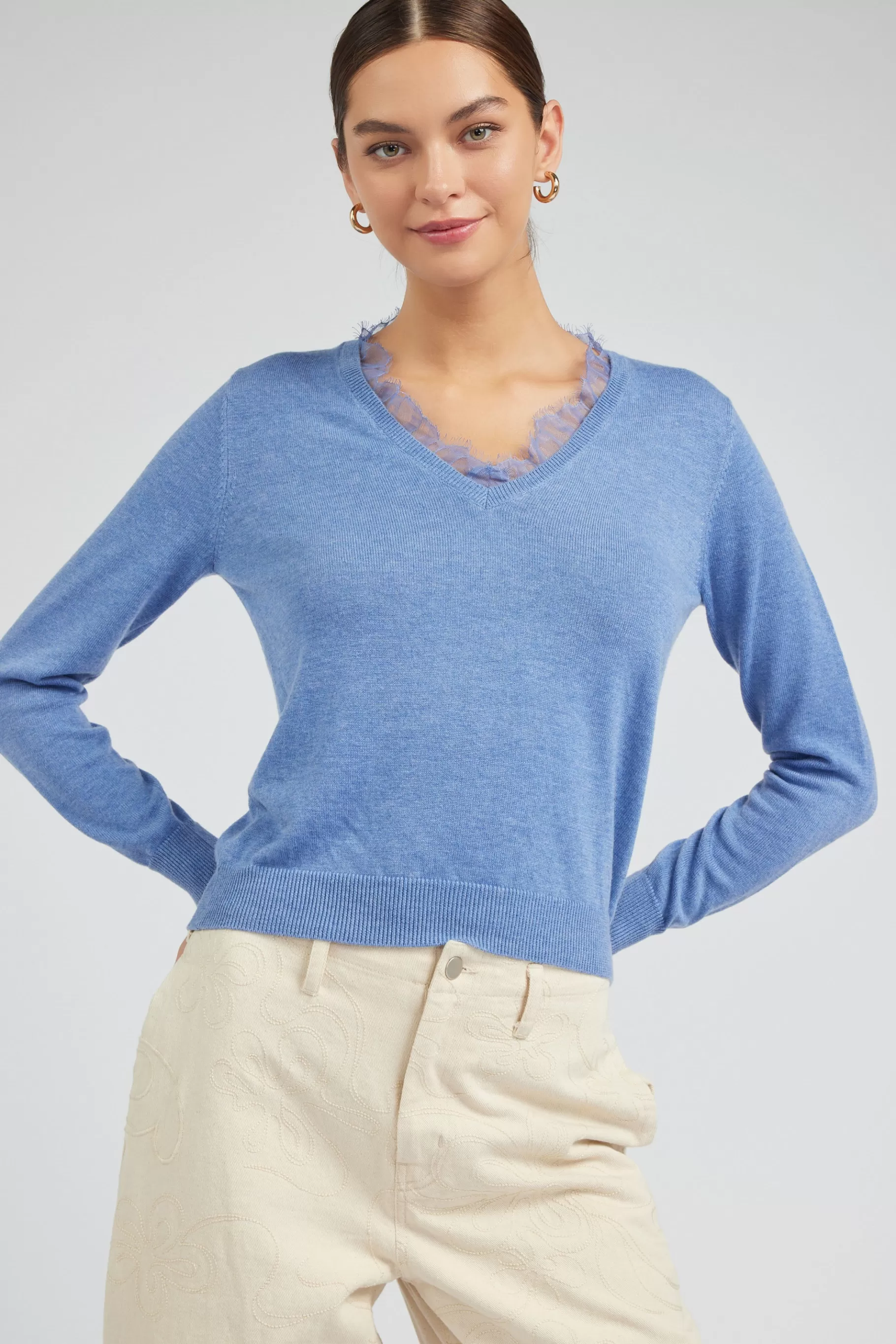 Current Air Knitwear | Sweaters>Lace Detail Sweater Top SOFTBLUE