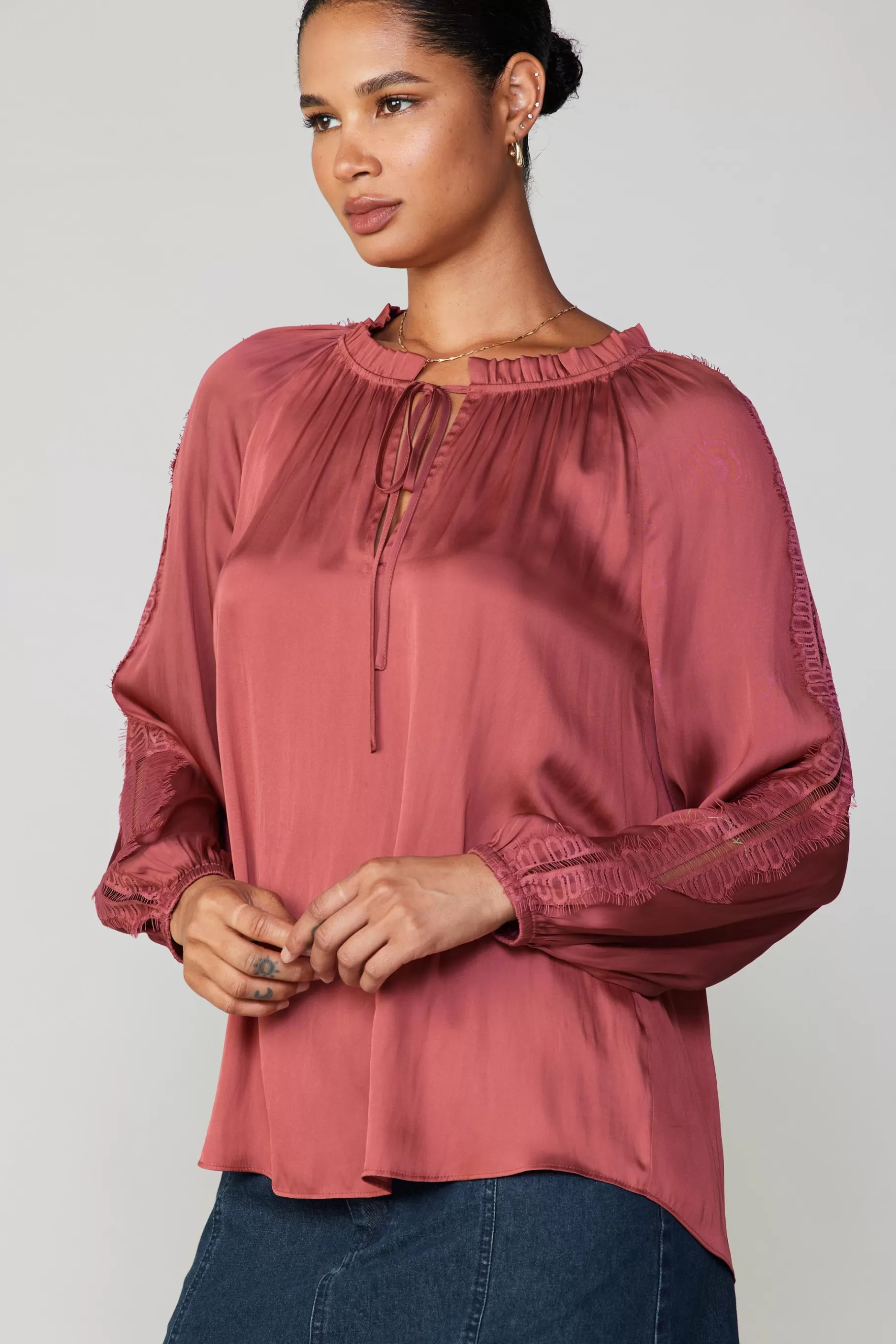 Current Air Long Sleeve Tops>Lace Panel Blouse ROUGE