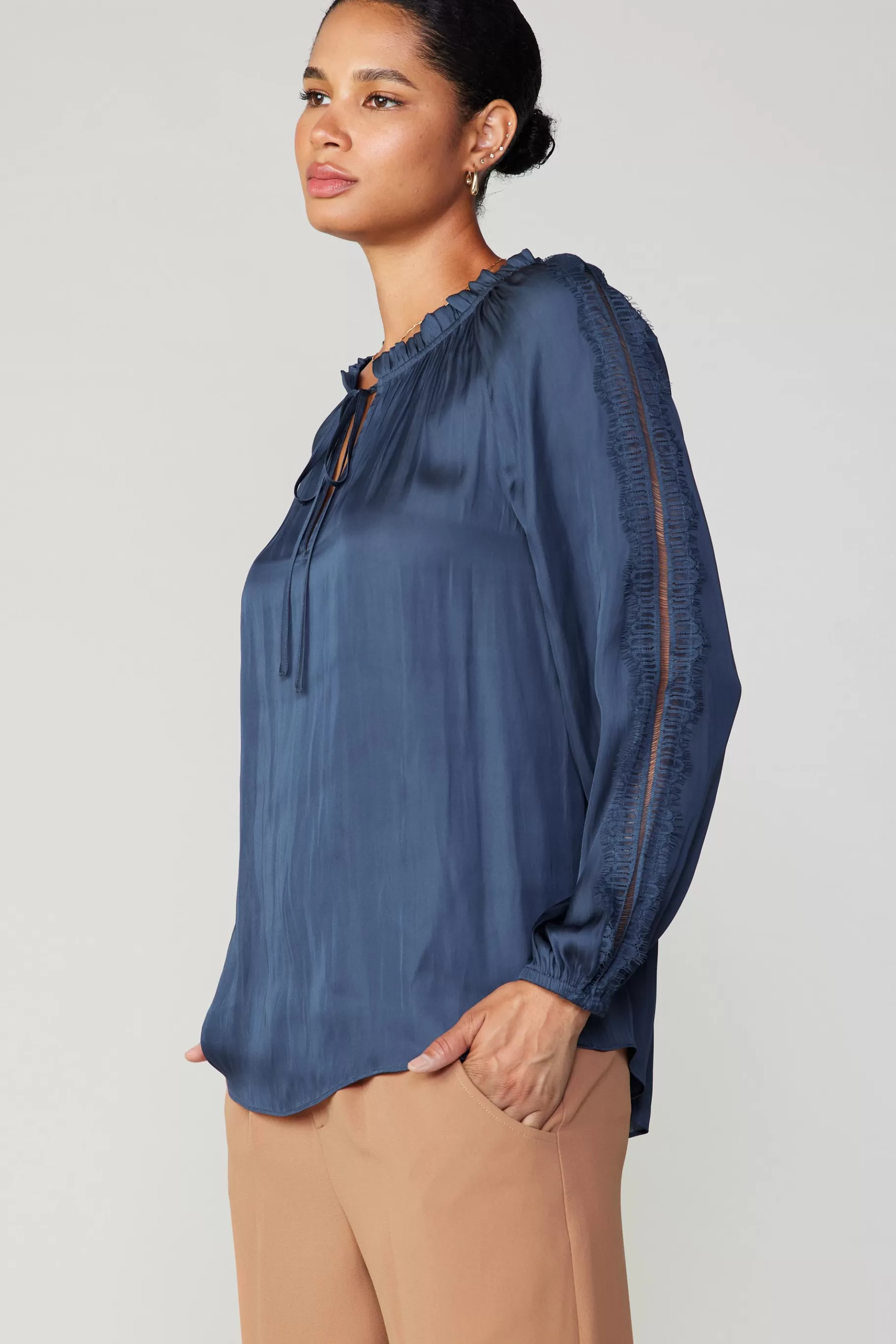 Current Air Long Sleeve Tops>Lace Panel Blouse NAVY