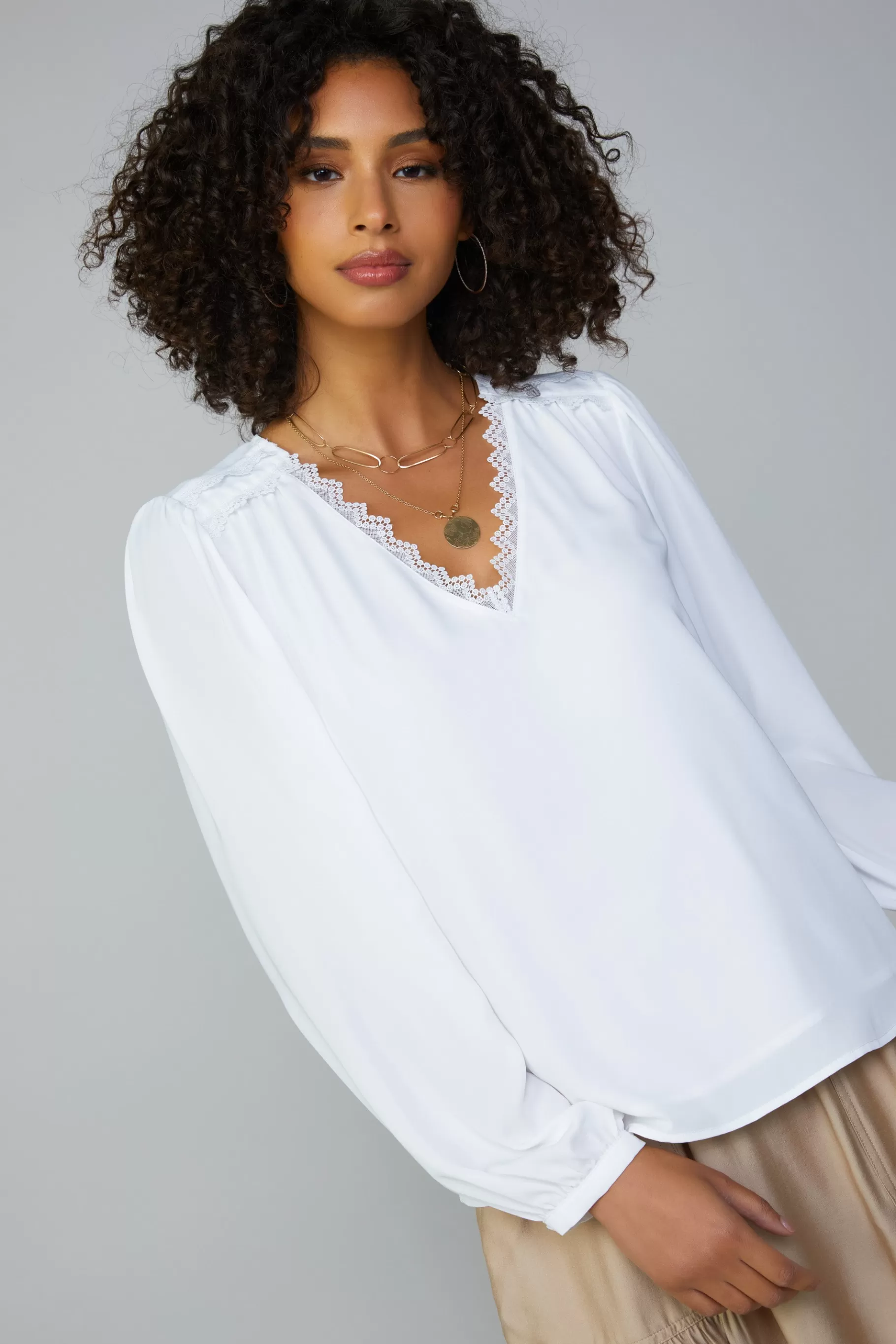 Current Air Long Sleeve Tops>Lace Trim Blouse WHITE