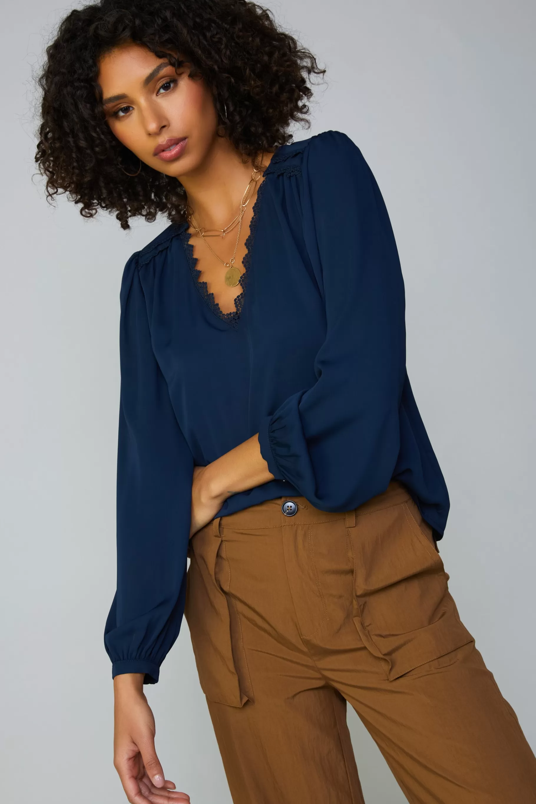 Current Air Long Sleeve Tops>Lace Trim Blouse NAVY