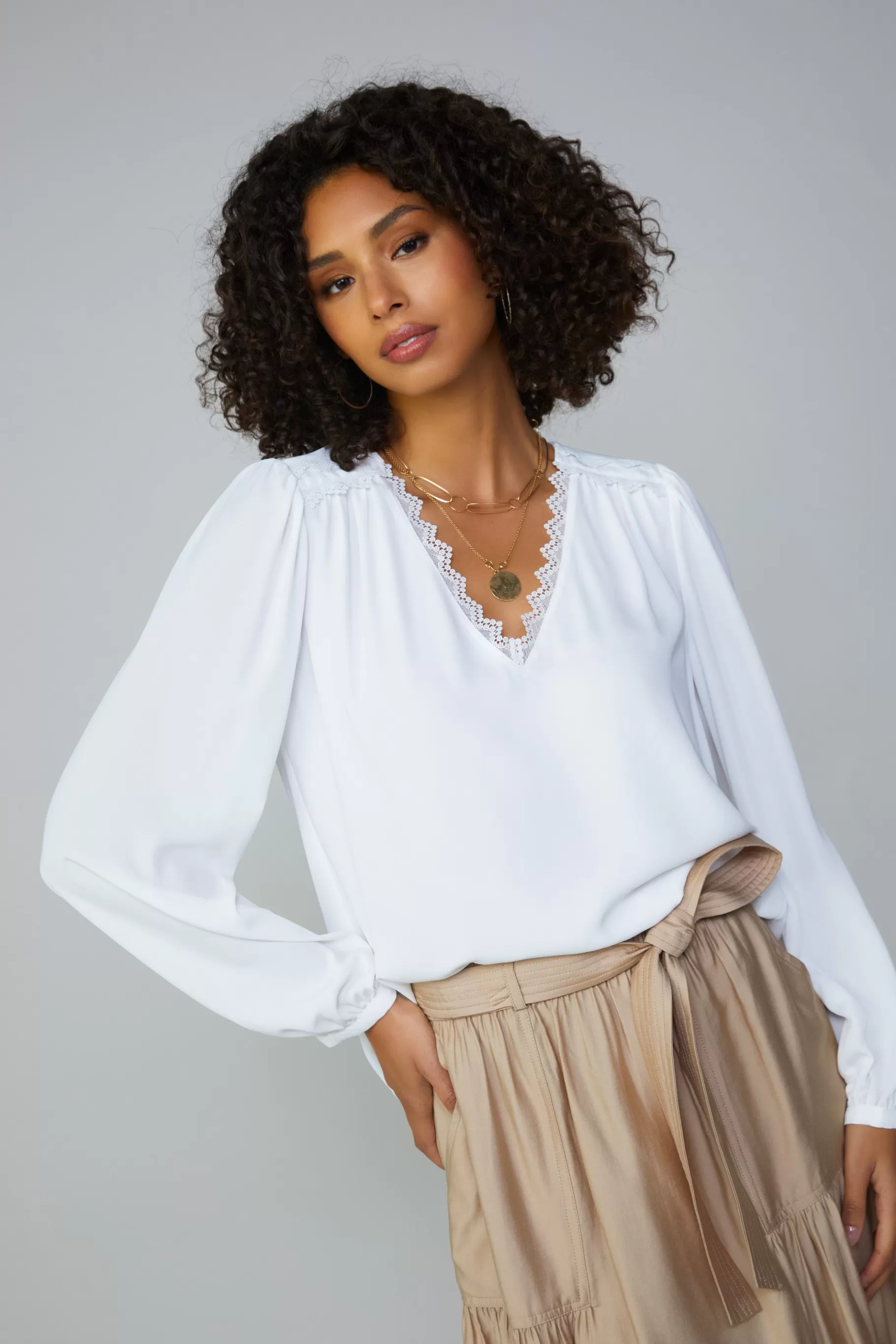 Current Air Long Sleeve Tops>Lace Trim Blouse WHITE