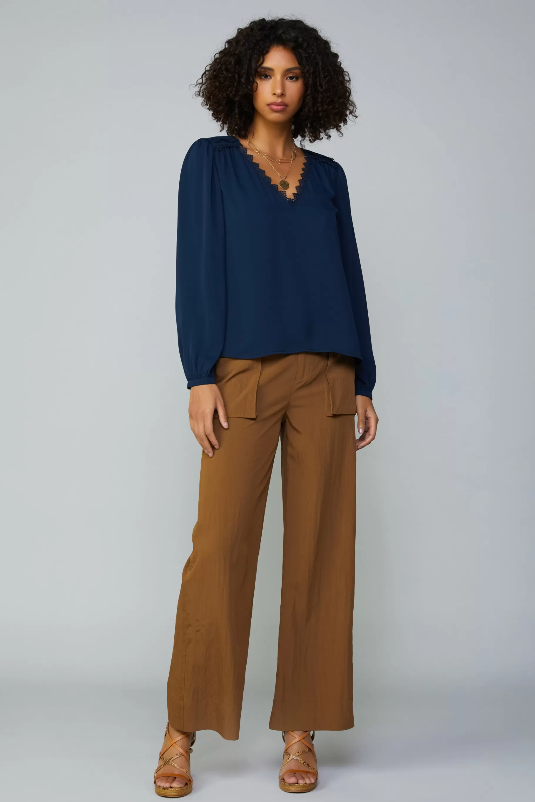 Current Air Long Sleeve Tops>Lace Trim Blouse NAVY