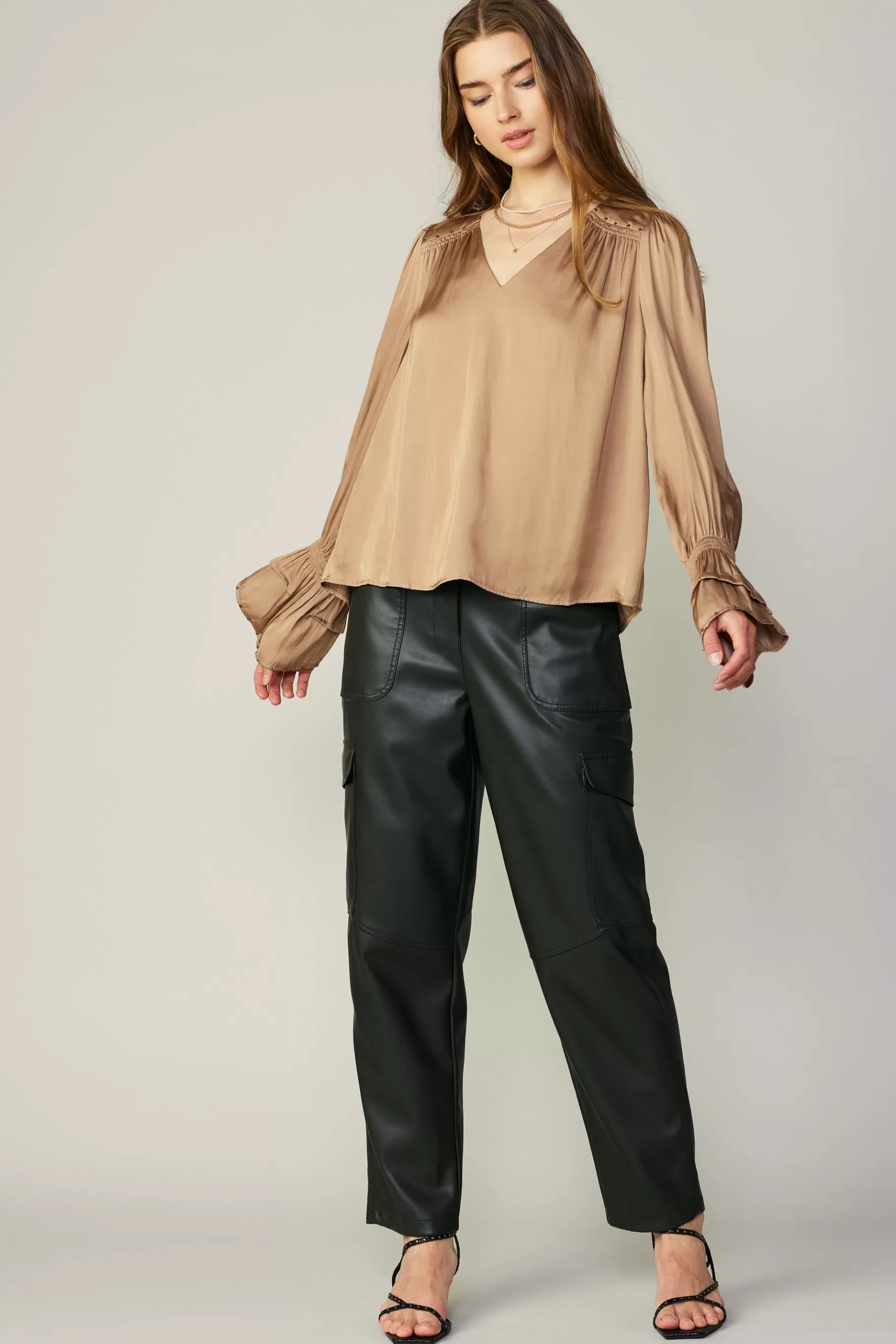 Current Air Long Sleeve Tops>Layered Cuff Blouse SAND