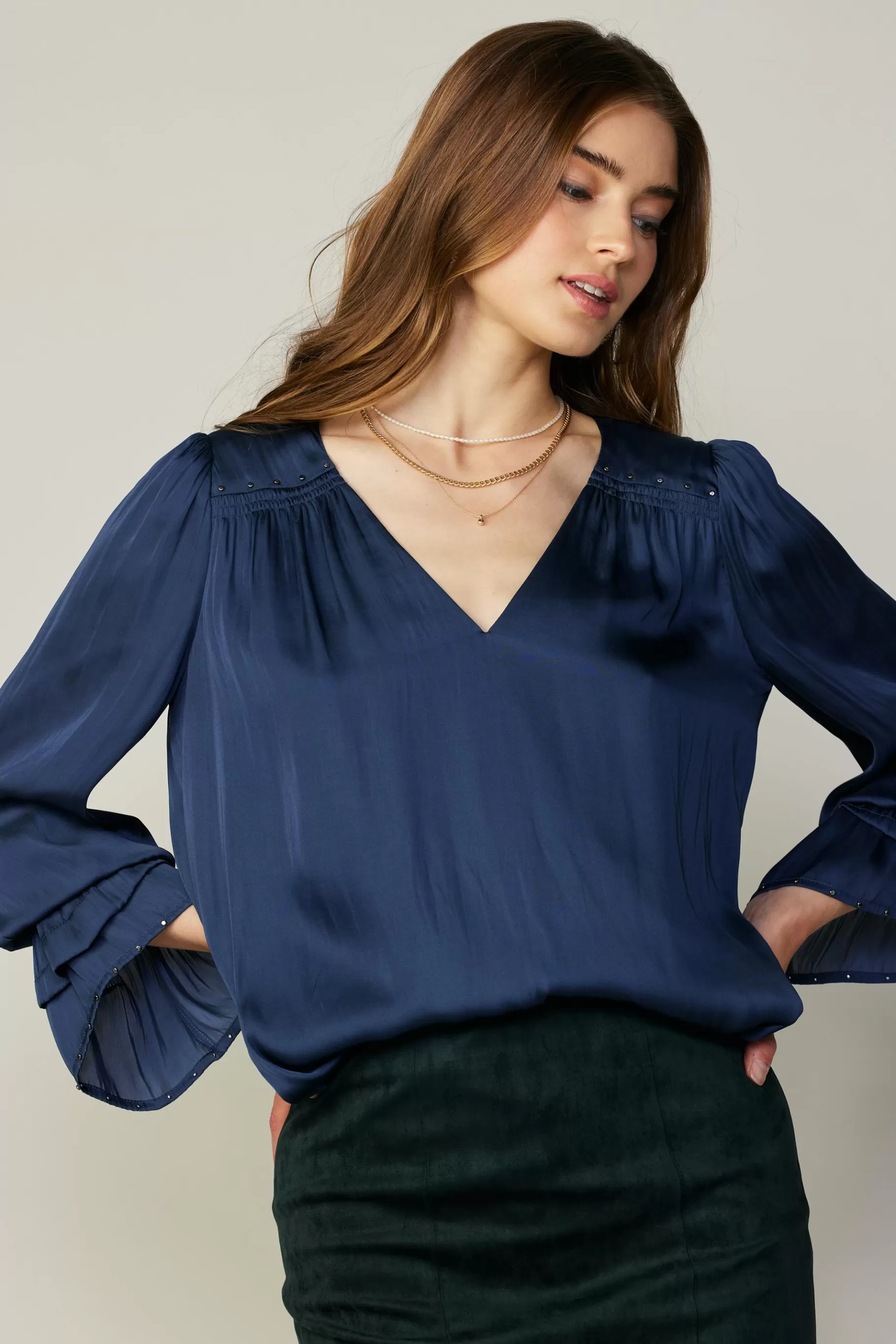 Current Air Long Sleeve Tops>Layered Cuff Blouse NAVY