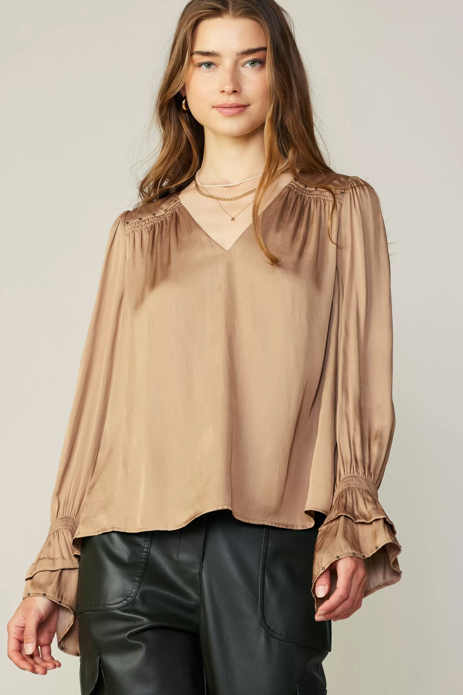 Current Air Long Sleeve Tops>Layered Cuff Blouse SAND