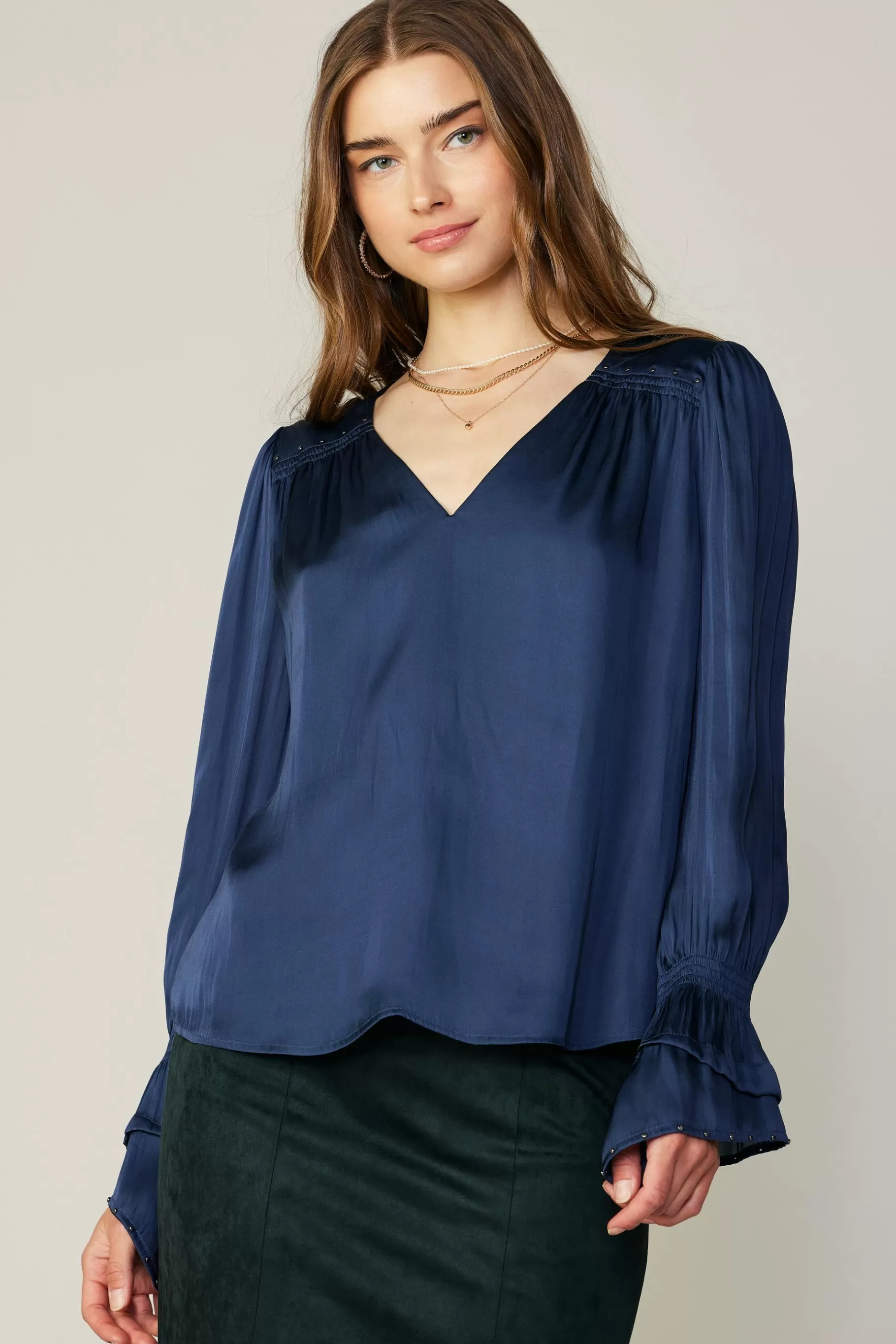 Current Air Long Sleeve Tops>Layered Cuff Blouse NAVY