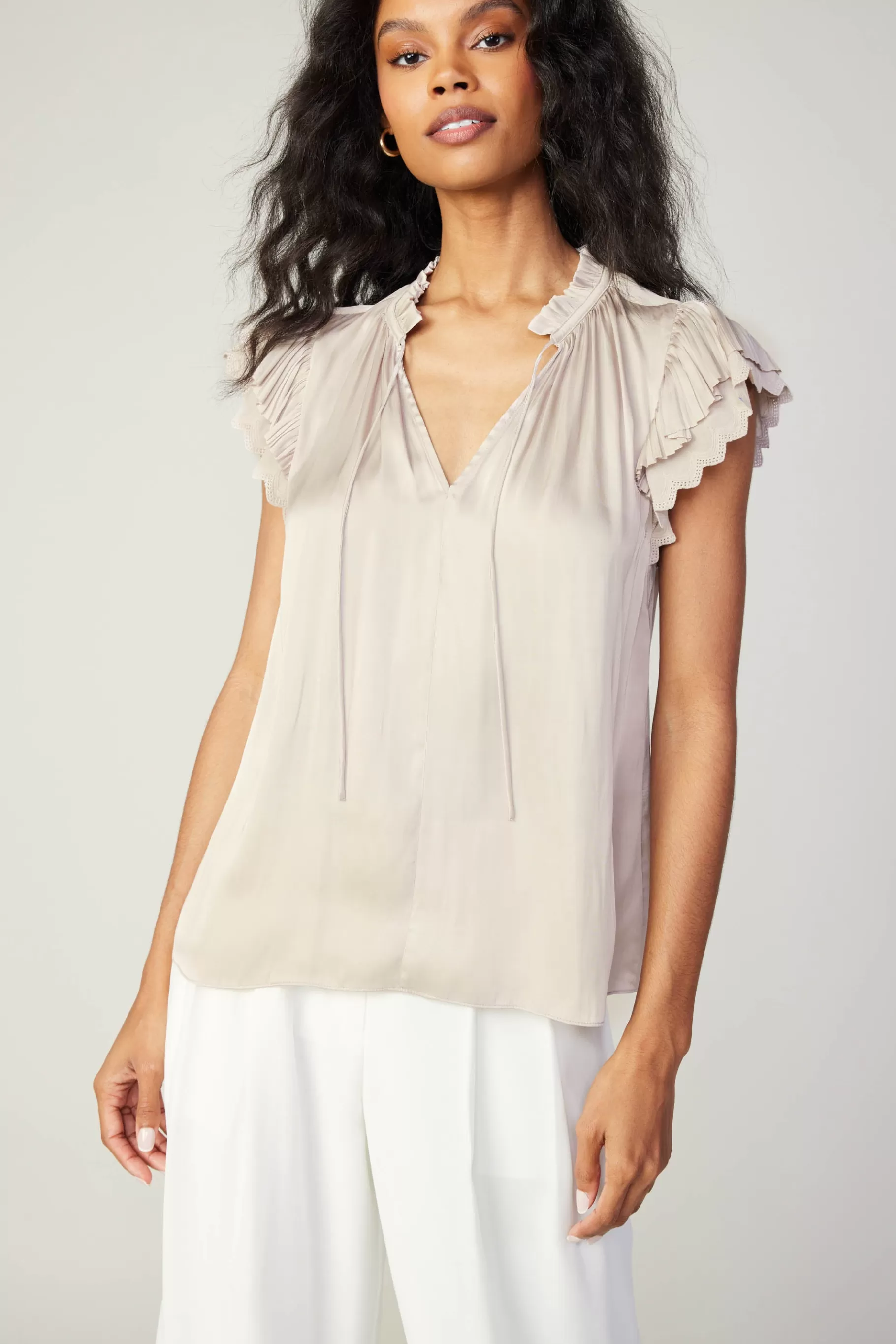 Current Air Short Sleeve Tops>Layered Lace Sleeve Top TAUPE