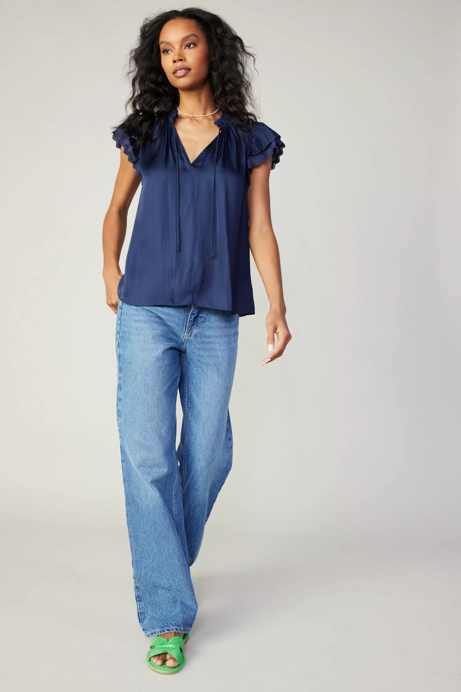 Current Air Short Sleeve Tops>Layered Lace Sleeve Top NAVY