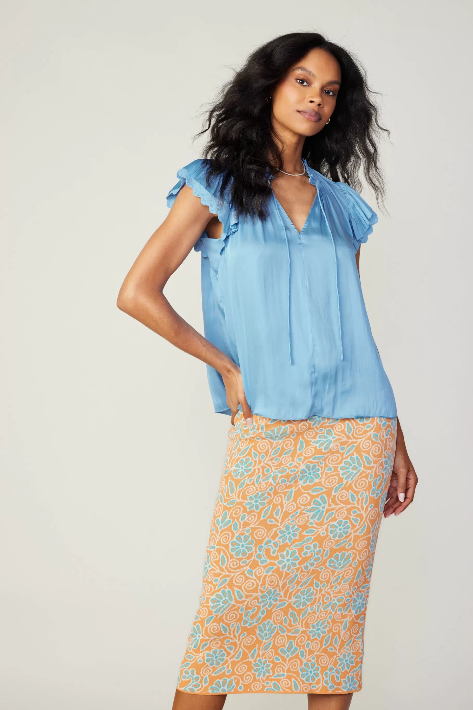 Current Air Short Sleeve Tops>Layered Lace Sleeve Top BABYBLUE