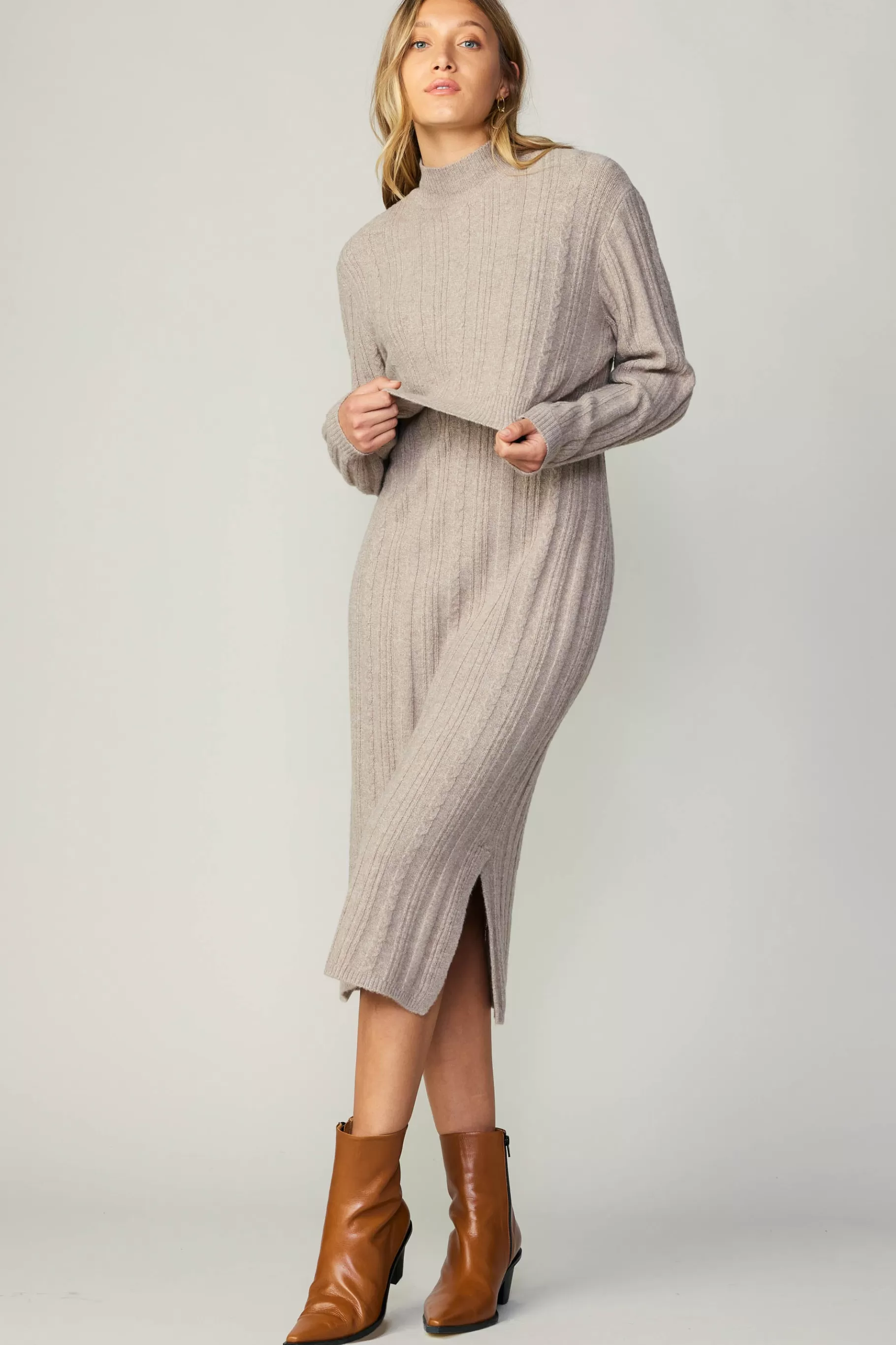 Current Air Sweaters>Layered Sweater Midi Dress OATMEAL