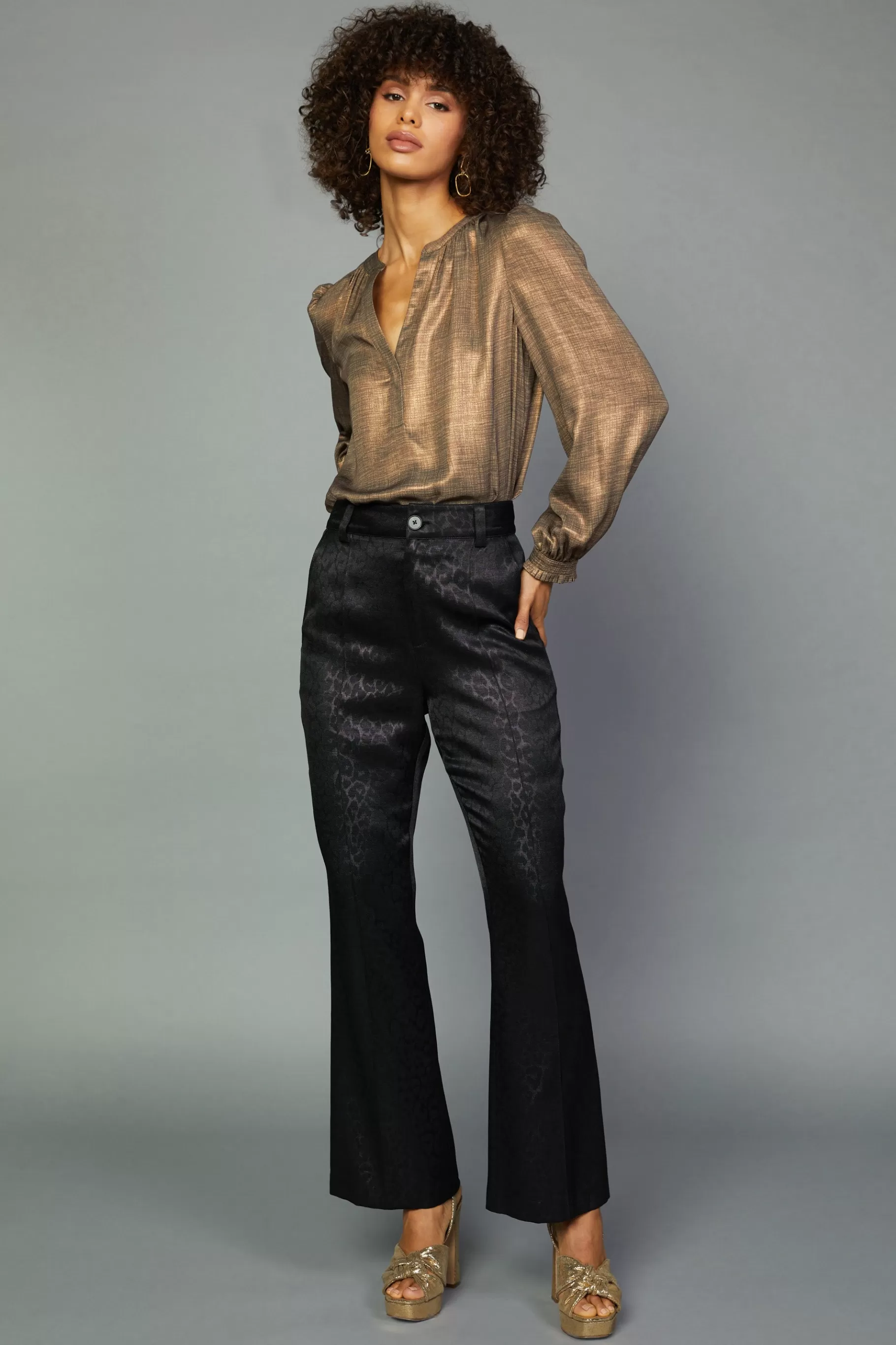 Current Air Pants>Leopard Jacquard Flare Pants BLACK-LEOPARD