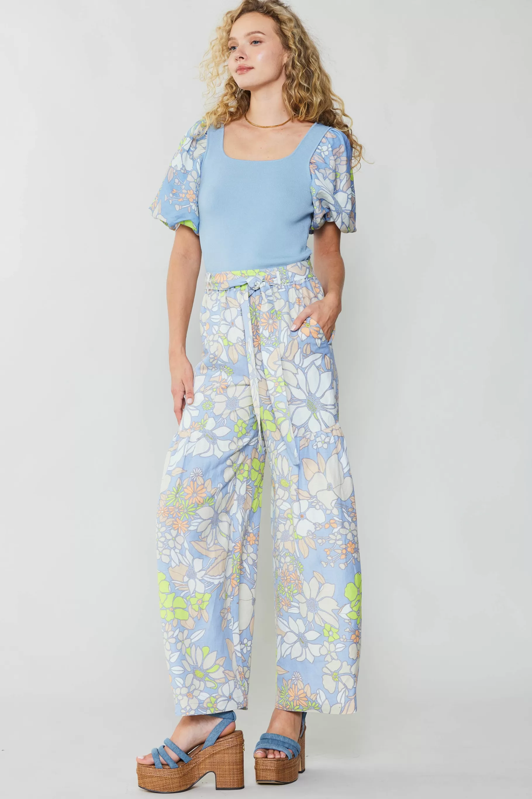 Current Air Pants>Linen Blend Floral Pants BLUE