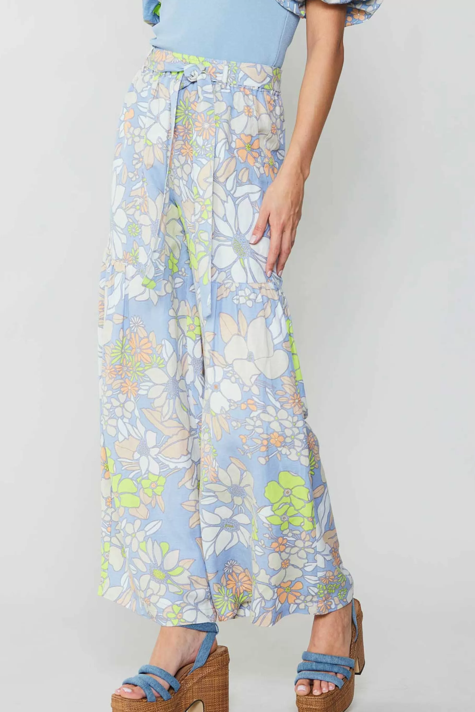 Current Air Pants>Linen Blend Floral Pants BLUE