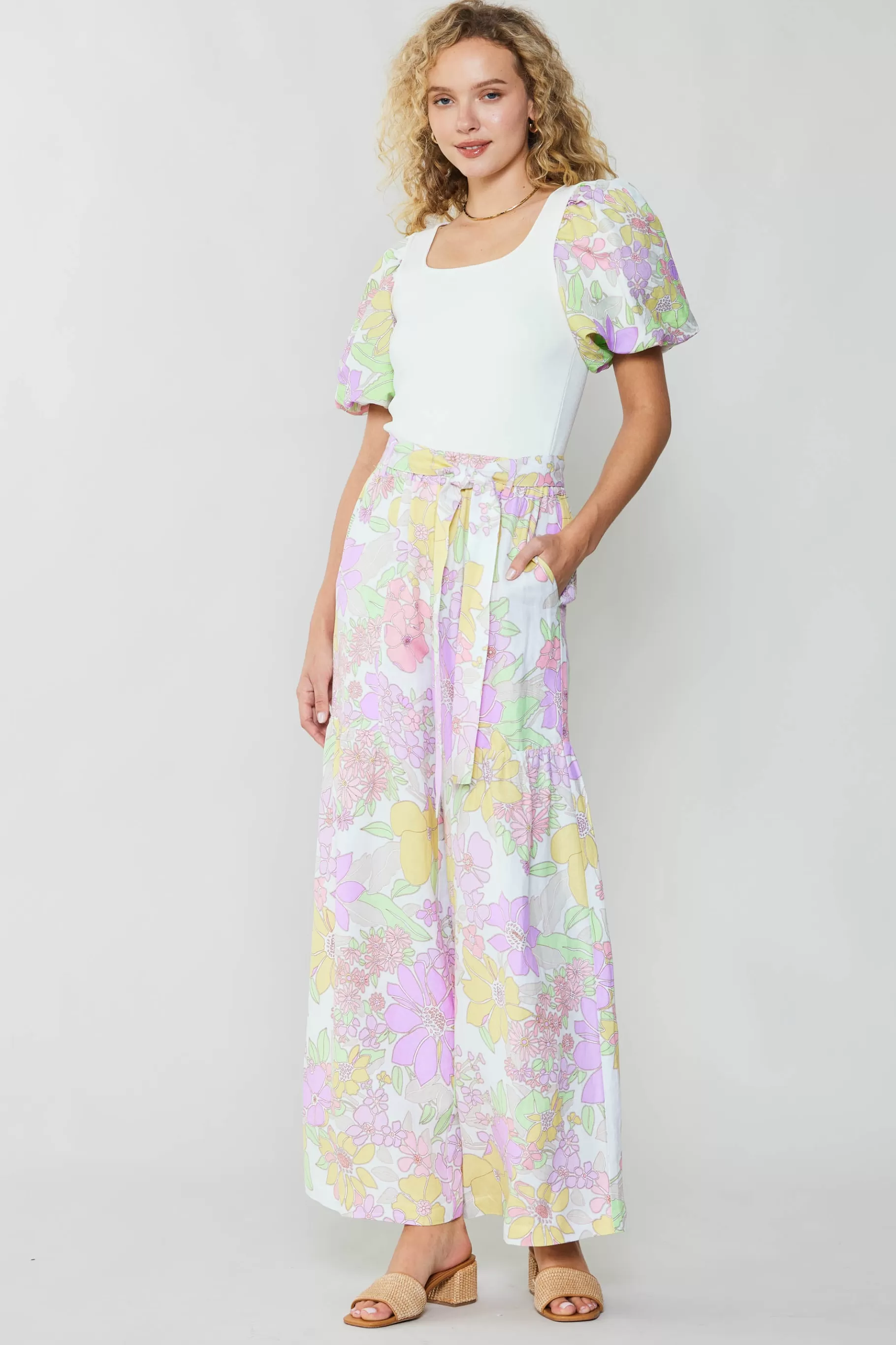 Current Air Pants>Linen Blend Floral Pants PINK