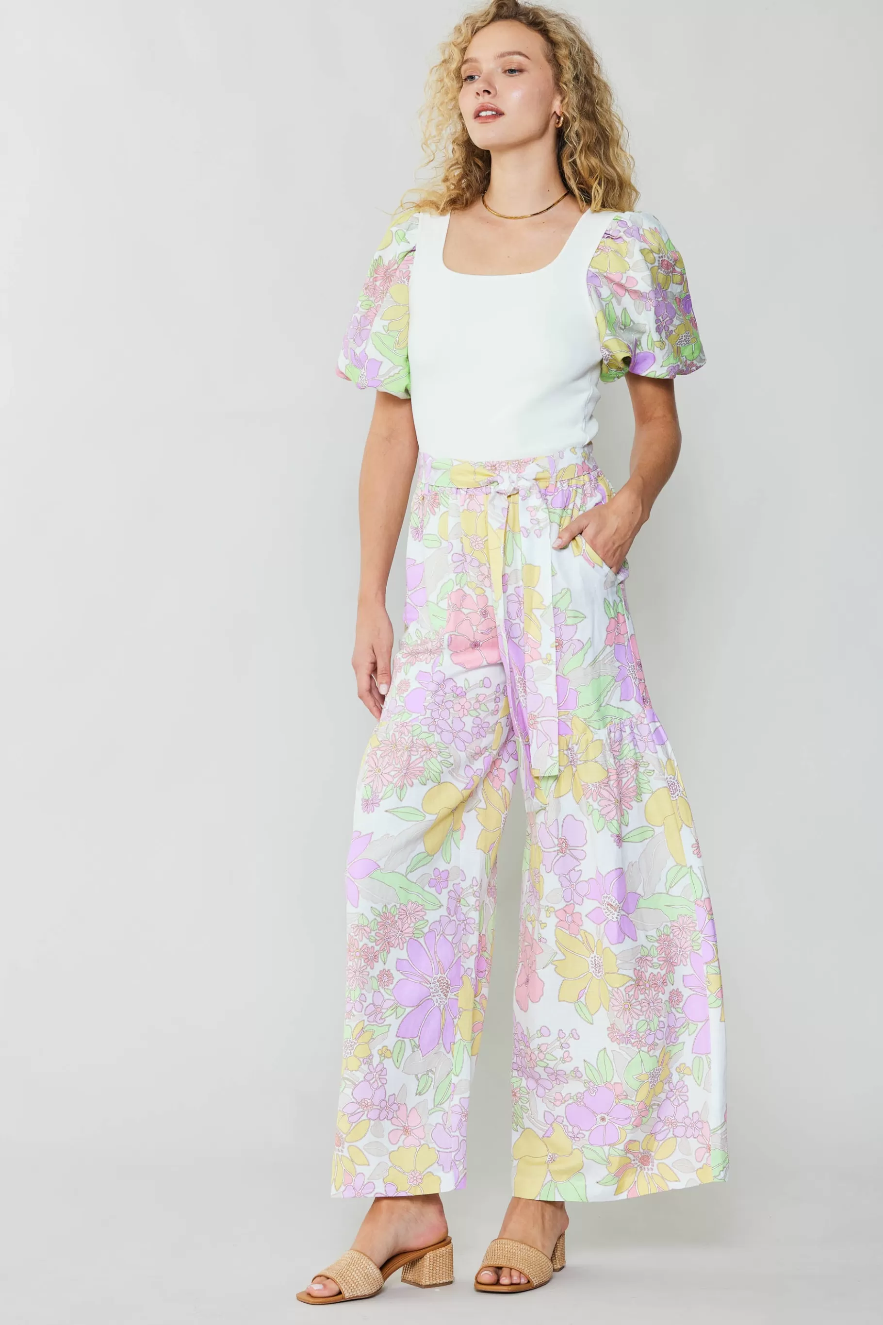 Current Air Pants>Linen Blend Floral Pants PINK