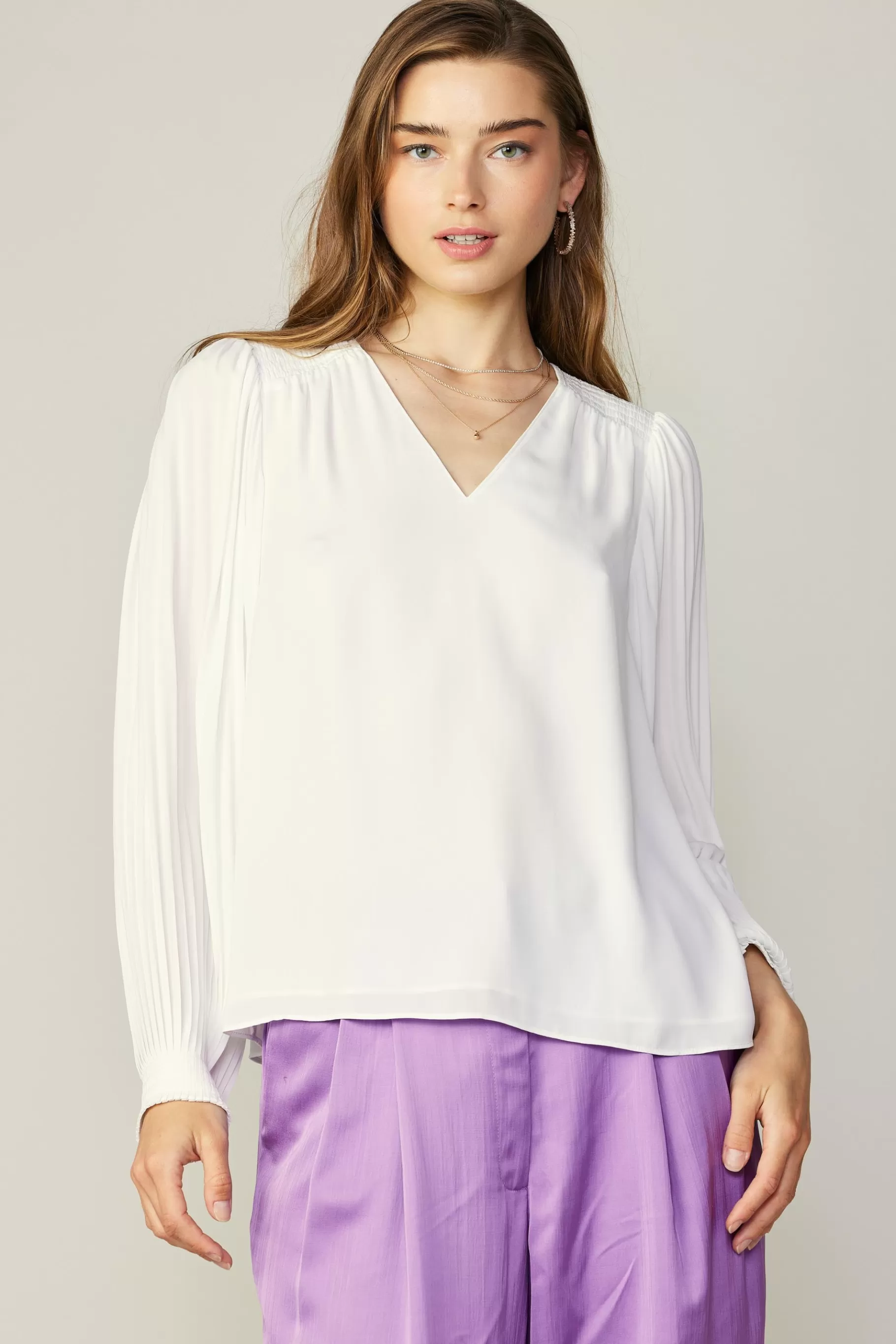 Current Air Long Sleeve Tops>Long Pleated Sleeve Blouse WHITE