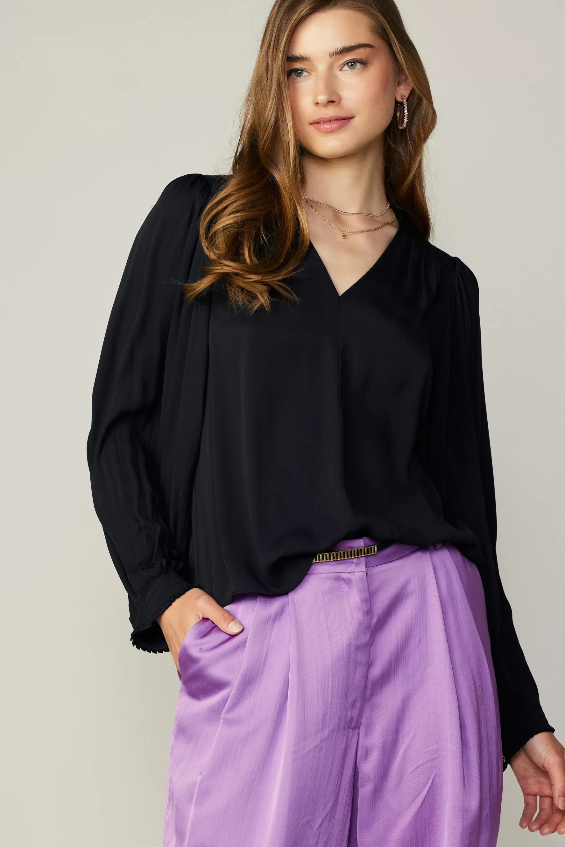 Current Air Long Sleeve Tops>Long Pleated Sleeve Blouse BLACK