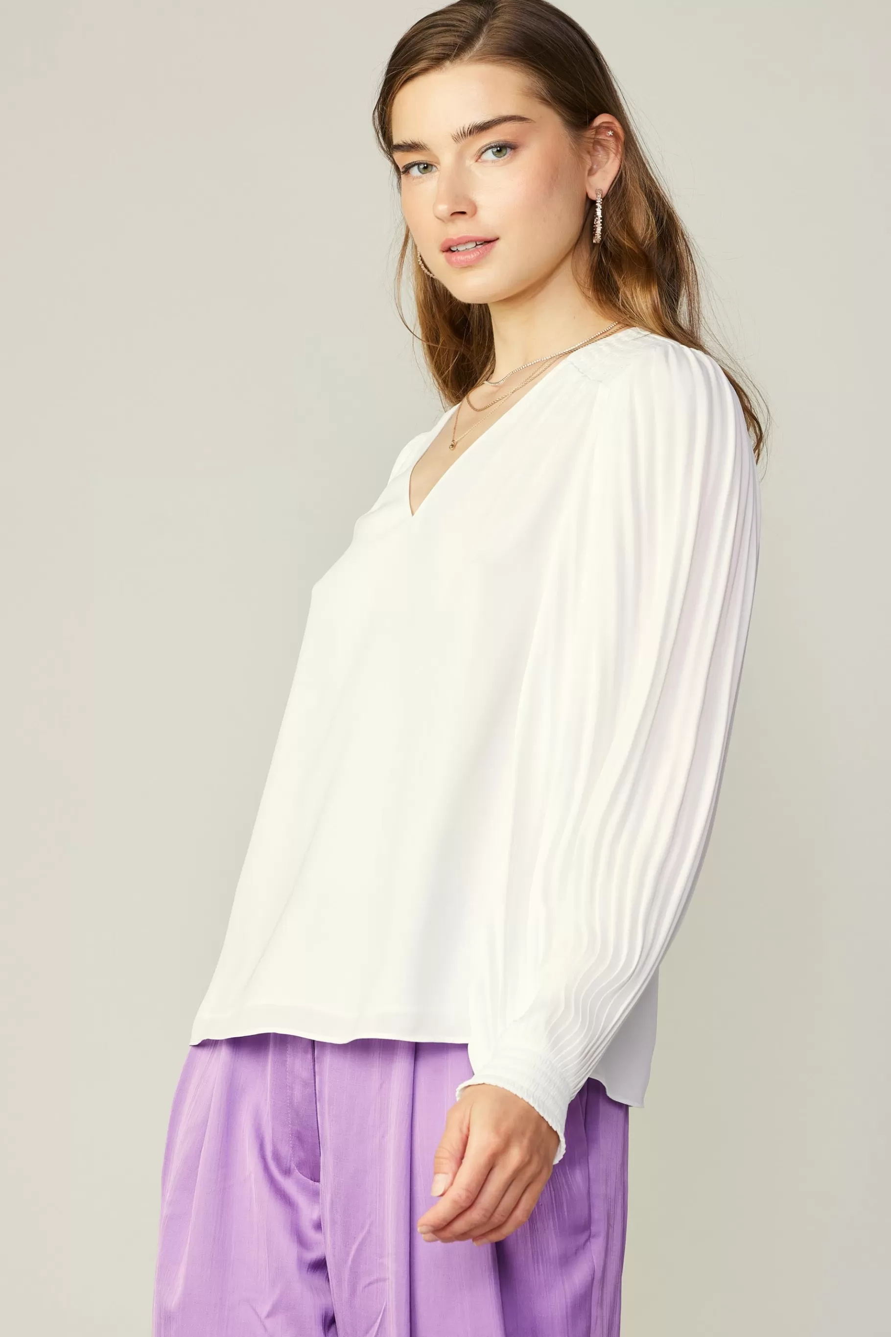 Current Air Long Sleeve Tops>Long Pleated Sleeve Blouse WHITE