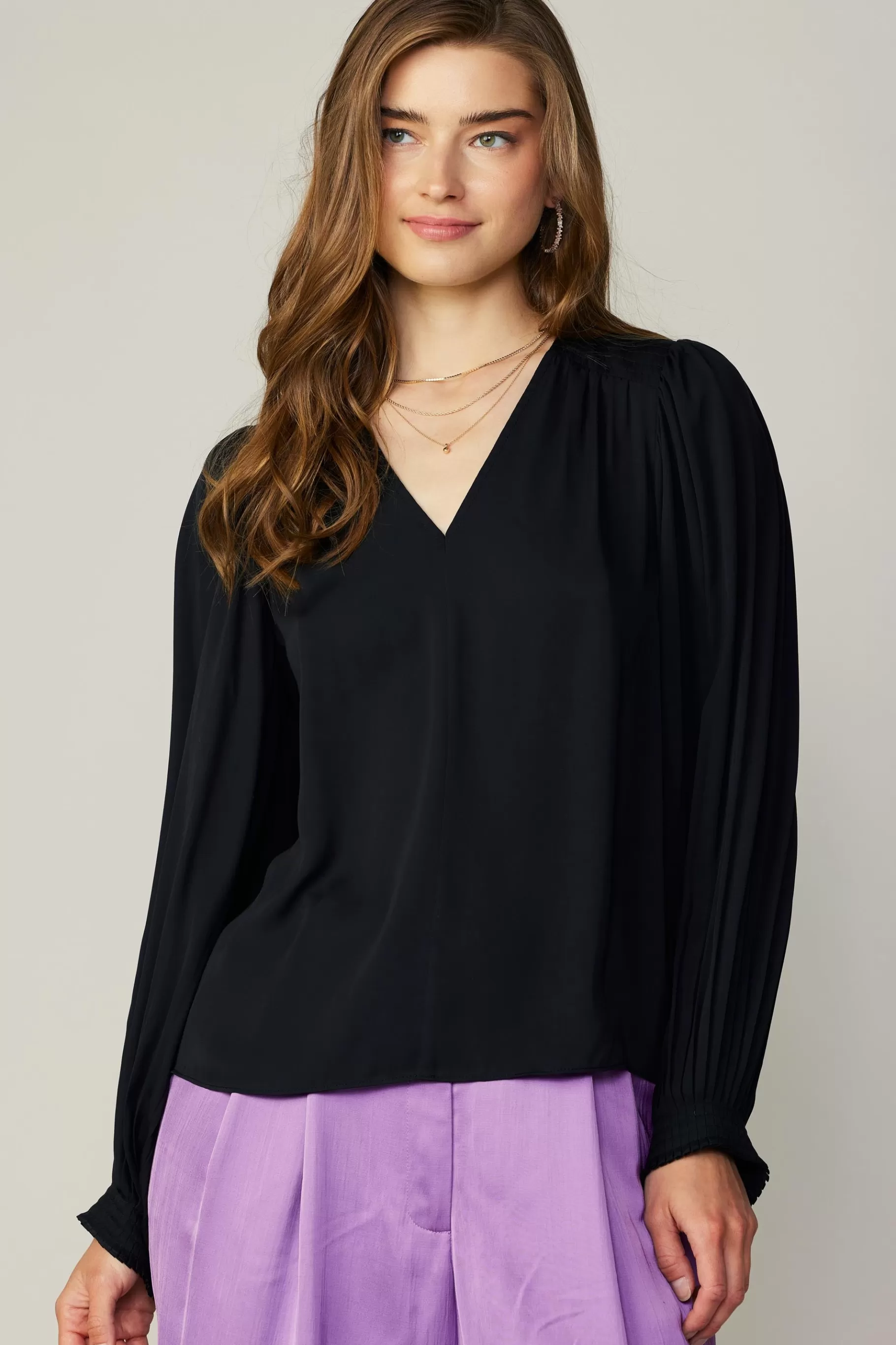 Current Air Long Sleeve Tops>Long Pleated Sleeve Blouse BLACK